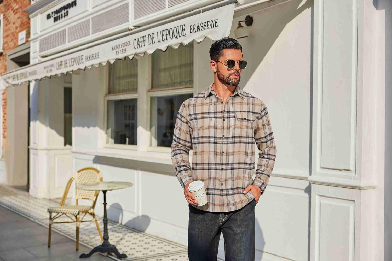 imageCOOFANDY Mens Flannel Plaid Shirts Long Sleeve Casual Button Down Cotton Shirt with PocketKhaki Black Plaid