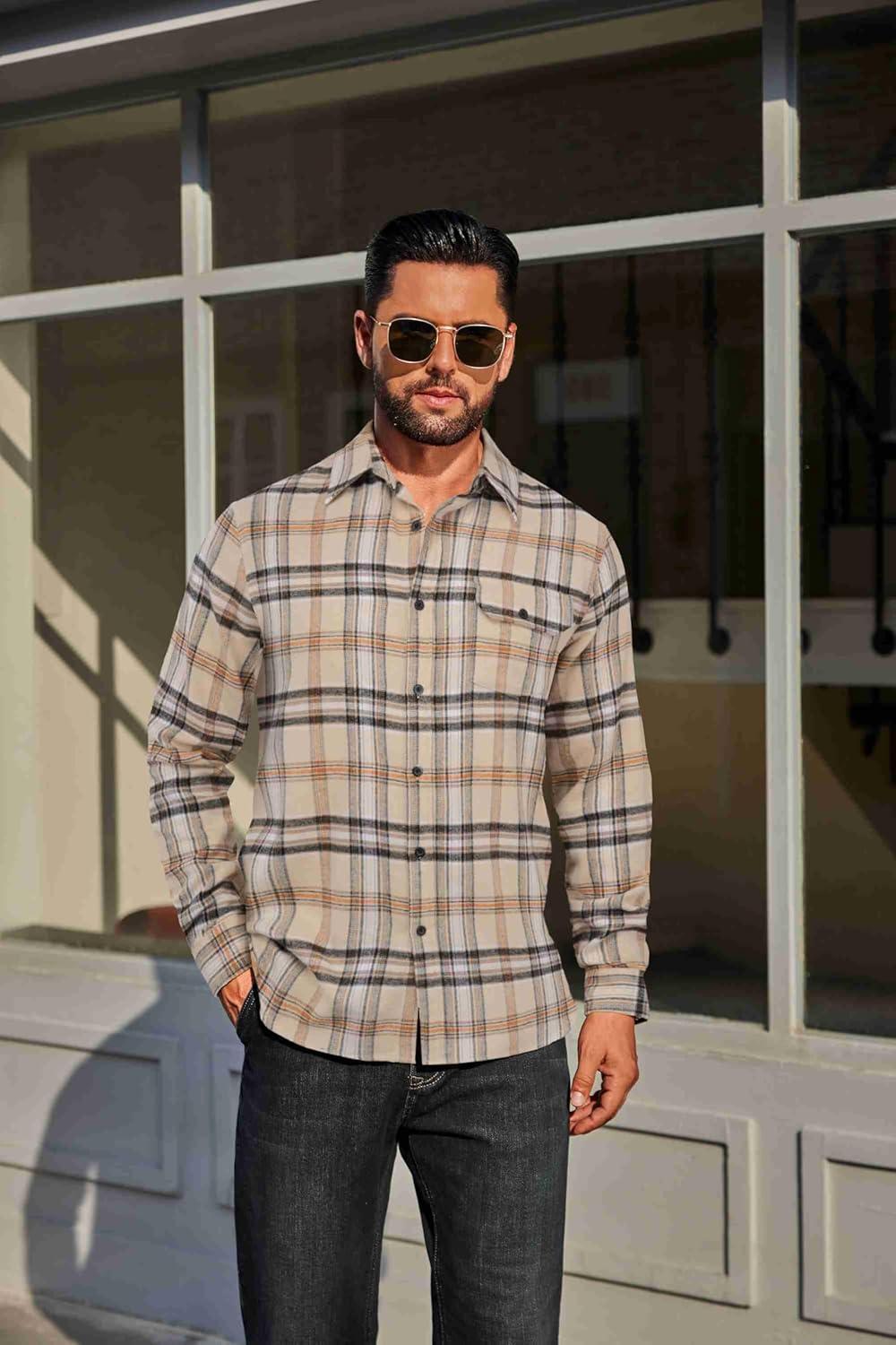 imageCOOFANDY Mens Flannel Plaid Shirts Long Sleeve Casual Button Down Cotton Shirt with PocketKhaki Black Plaid