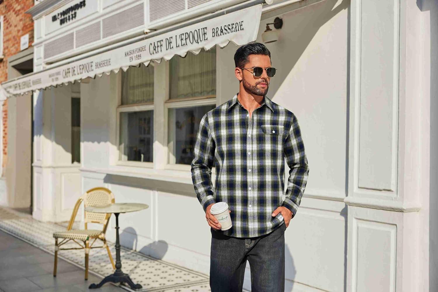 imageCOOFANDY Mens Flannel Plaid Shirts Long Sleeve Casual Button Down Cotton Shirt with PocketNavy Green Plaid