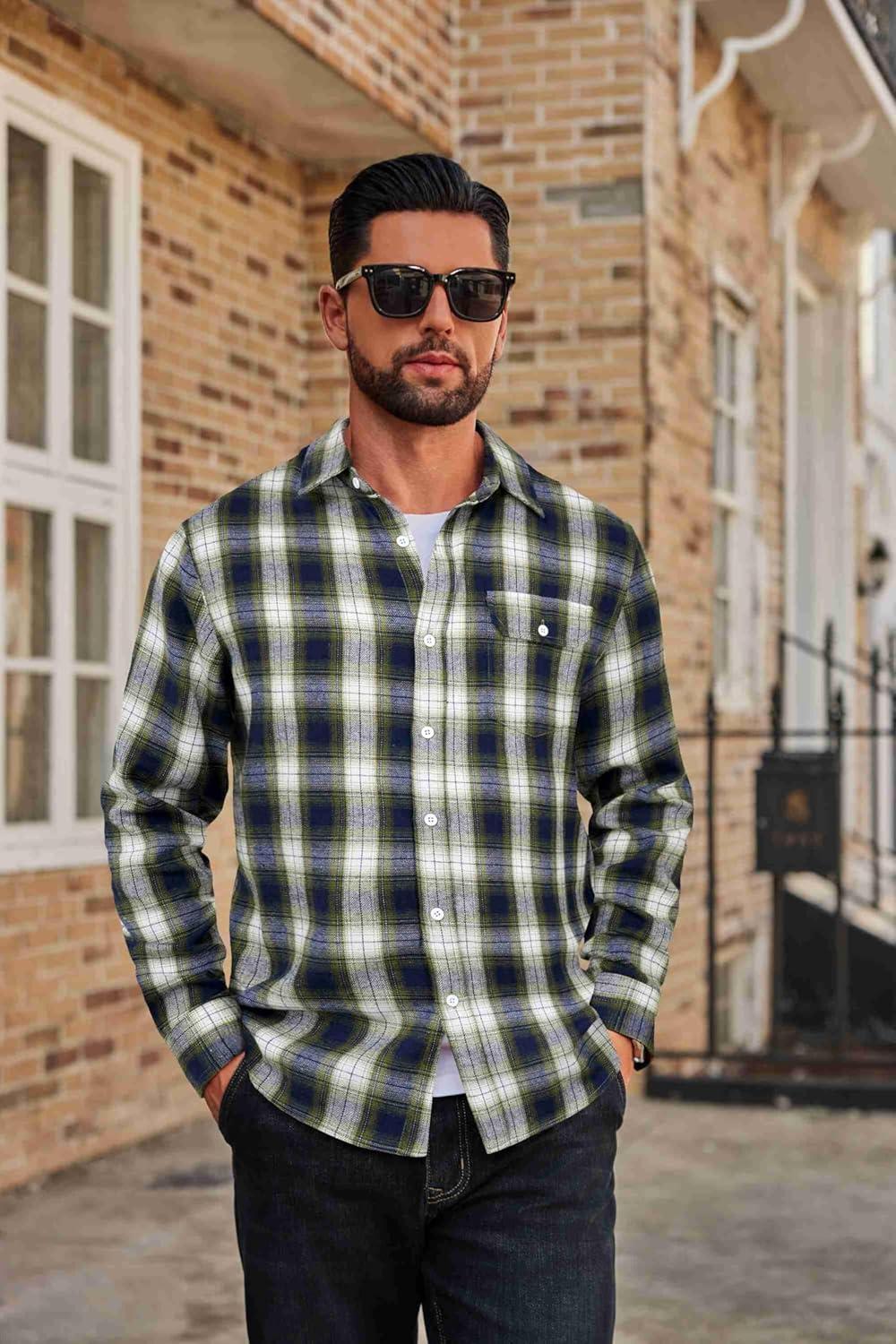 imageCOOFANDY Mens Flannel Plaid Shirts Long Sleeve Casual Button Down Cotton Shirt with PocketNavy Green Plaid
