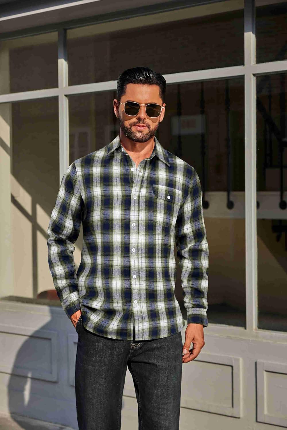 imageCOOFANDY Mens Flannel Plaid Shirts Long Sleeve Casual Button Down Cotton Shirt with PocketNavy Green Plaid