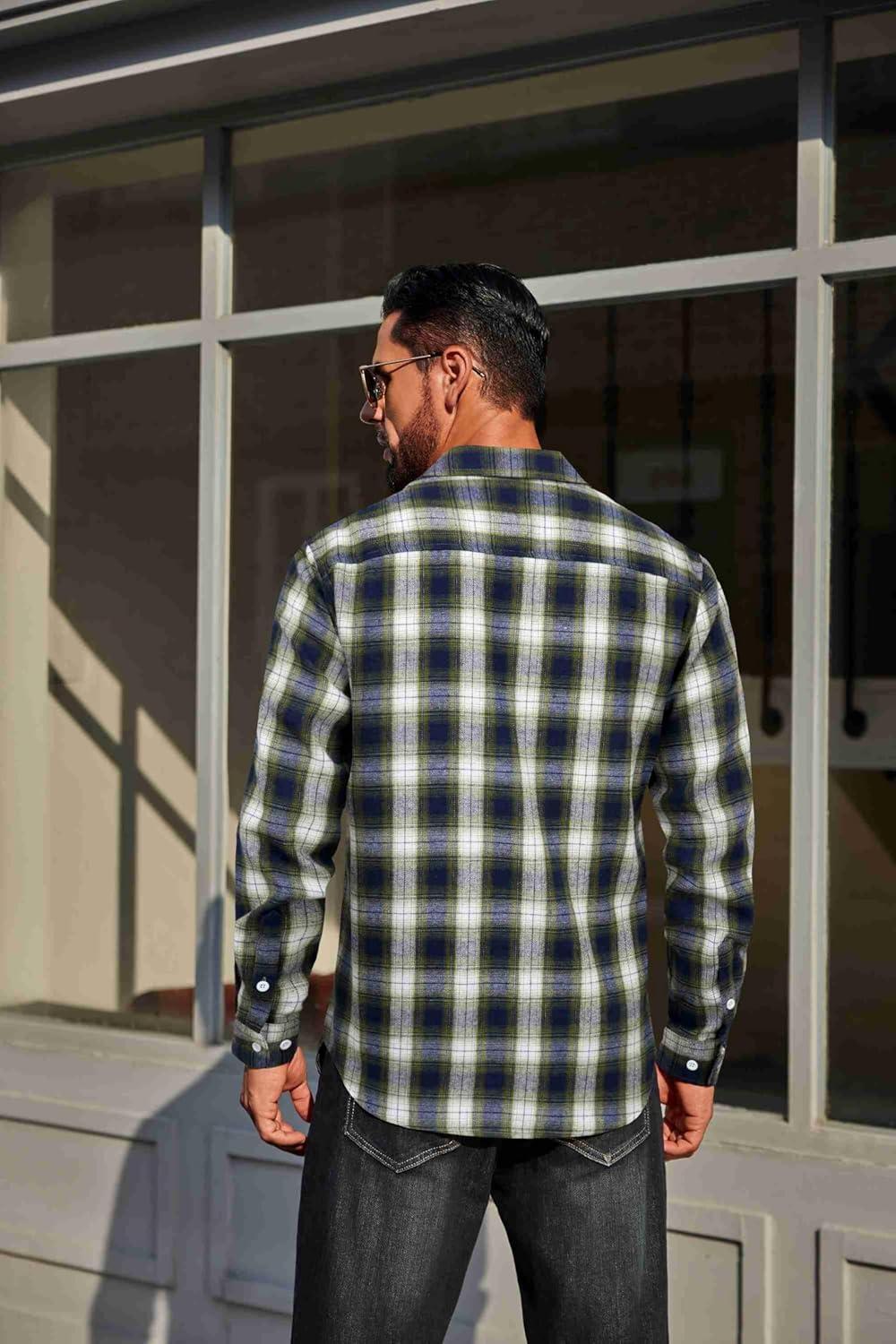 imageCOOFANDY Mens Flannel Plaid Shirts Long Sleeve Casual Button Down Cotton Shirt with PocketNavy Green Plaid