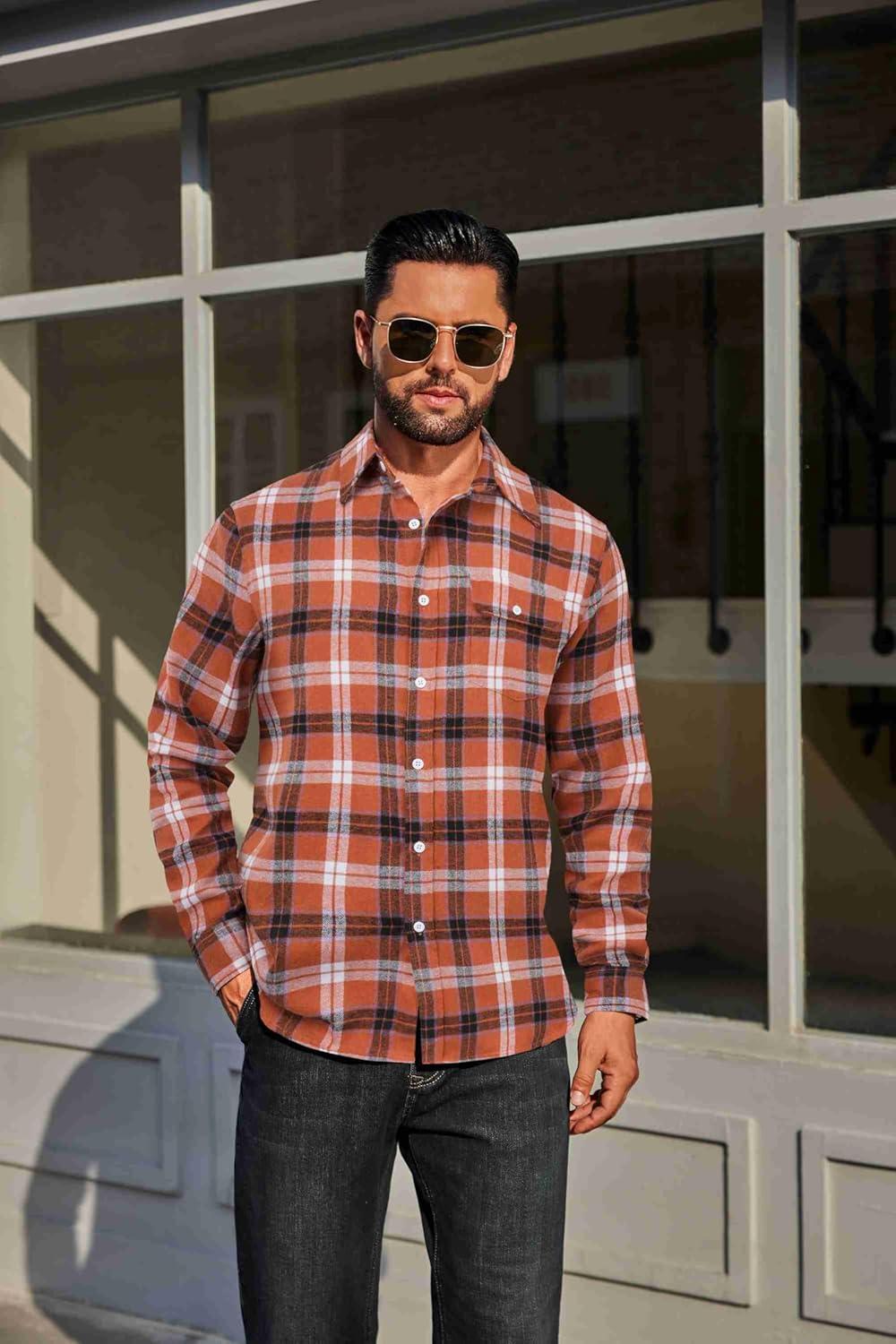 imageCOOFANDY Mens Flannel Plaid Shirts Long Sleeve Casual Button Down Cotton Shirt with PocketOrange Black Plaid