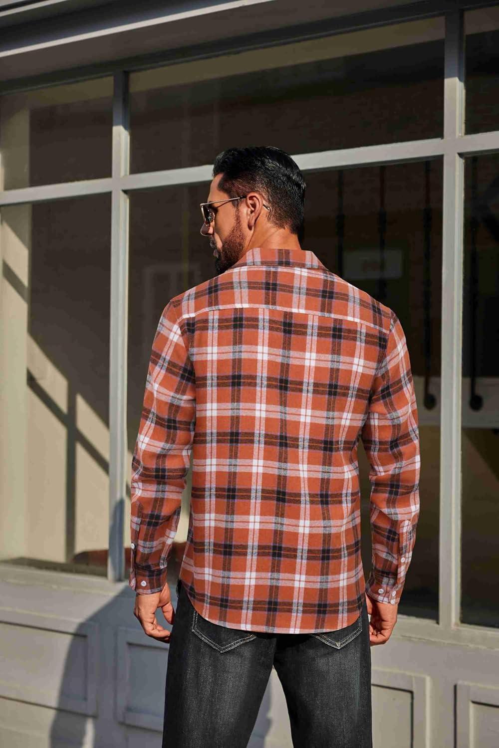 imageCOOFANDY Mens Flannel Plaid Shirts Long Sleeve Casual Button Down Cotton Shirt with PocketOrange Black Plaid