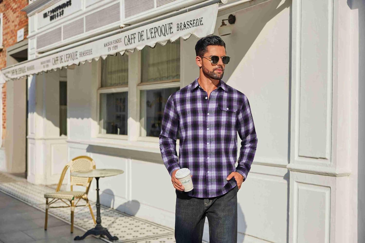 imageCOOFANDY Mens Flannel Plaid Shirts Long Sleeve Casual Button Down Cotton Shirt with PocketPurple Black Plaid