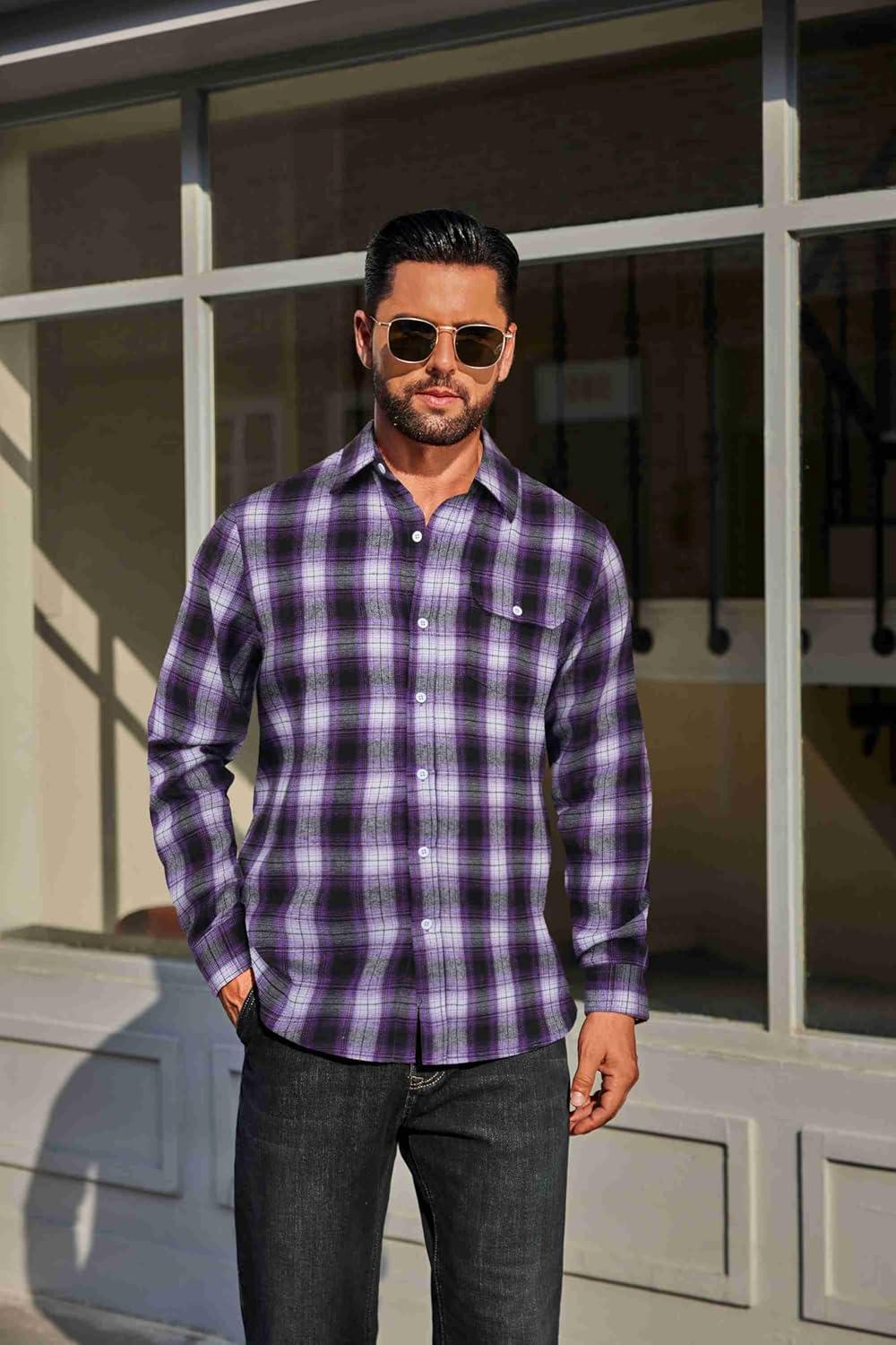 imageCOOFANDY Mens Flannel Plaid Shirts Long Sleeve Casual Button Down Cotton Shirt with PocketPurple Black Plaid