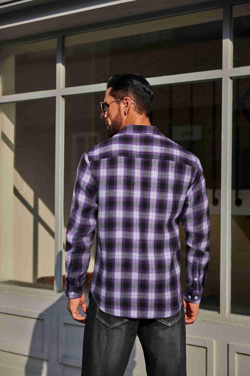 imageCOOFANDY Mens Flannel Plaid Shirts Long Sleeve Casual Button Down Cotton Shirt with PocketPurple Black Plaid