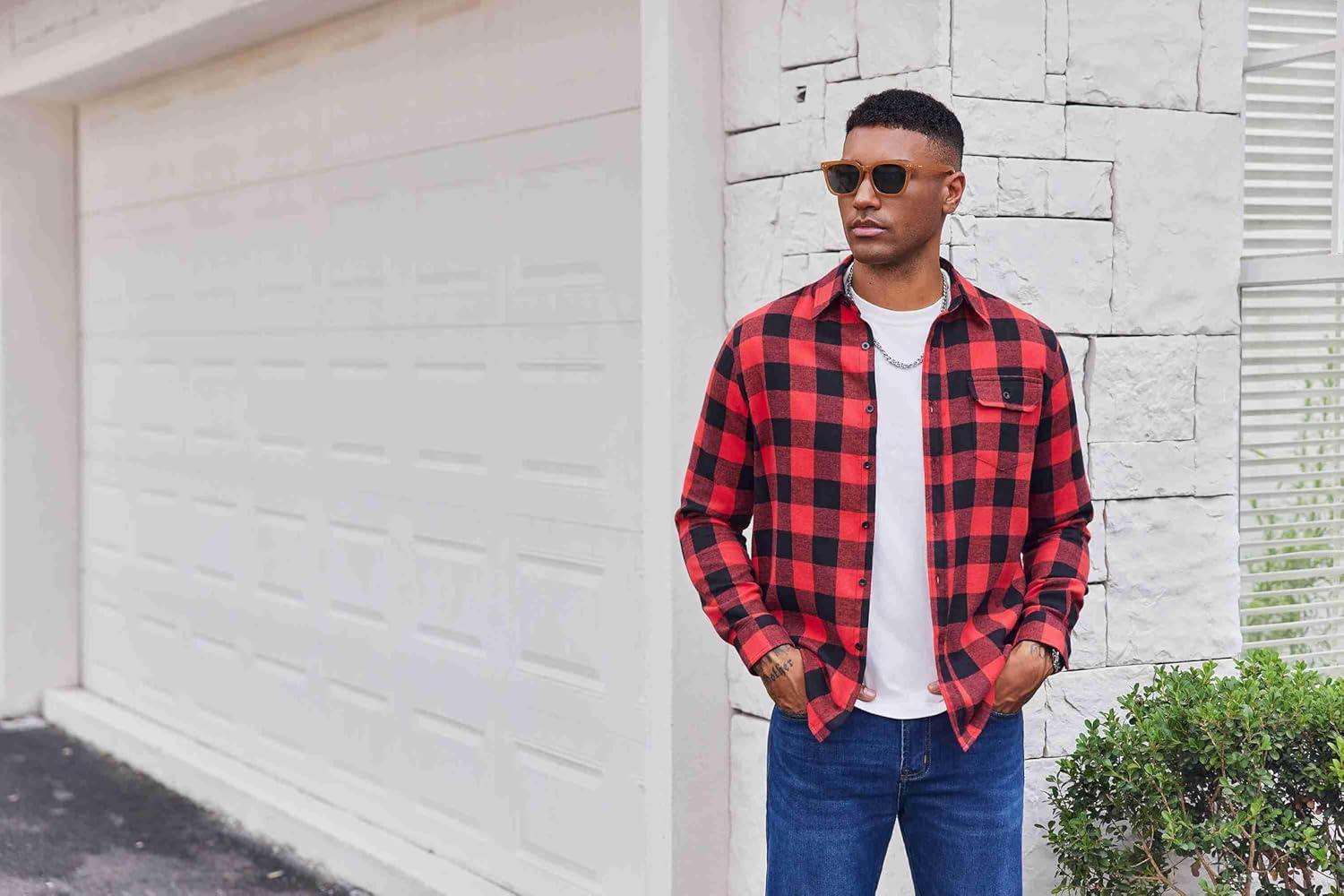 imageCOOFANDY Mens Flannel Plaid Shirts Long Sleeve Casual Button Down Cotton Shirt with PocketRed Black Plaid