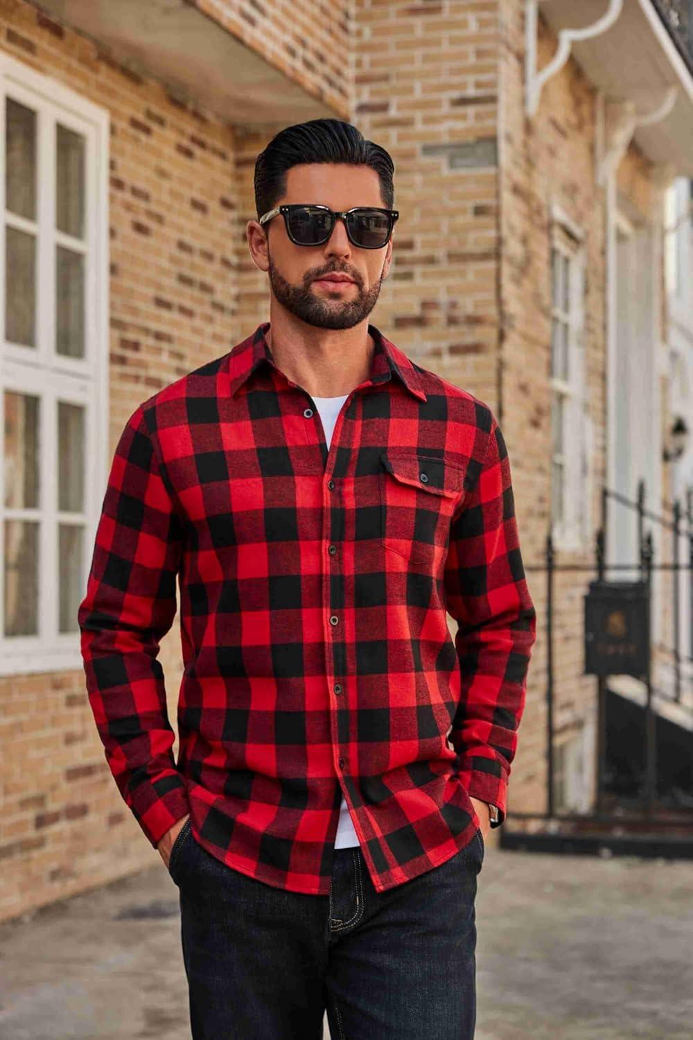 imageCOOFANDY Mens Flannel Plaid Shirts Long Sleeve Casual Button Down Cotton Shirt with PocketRed Black Plaid