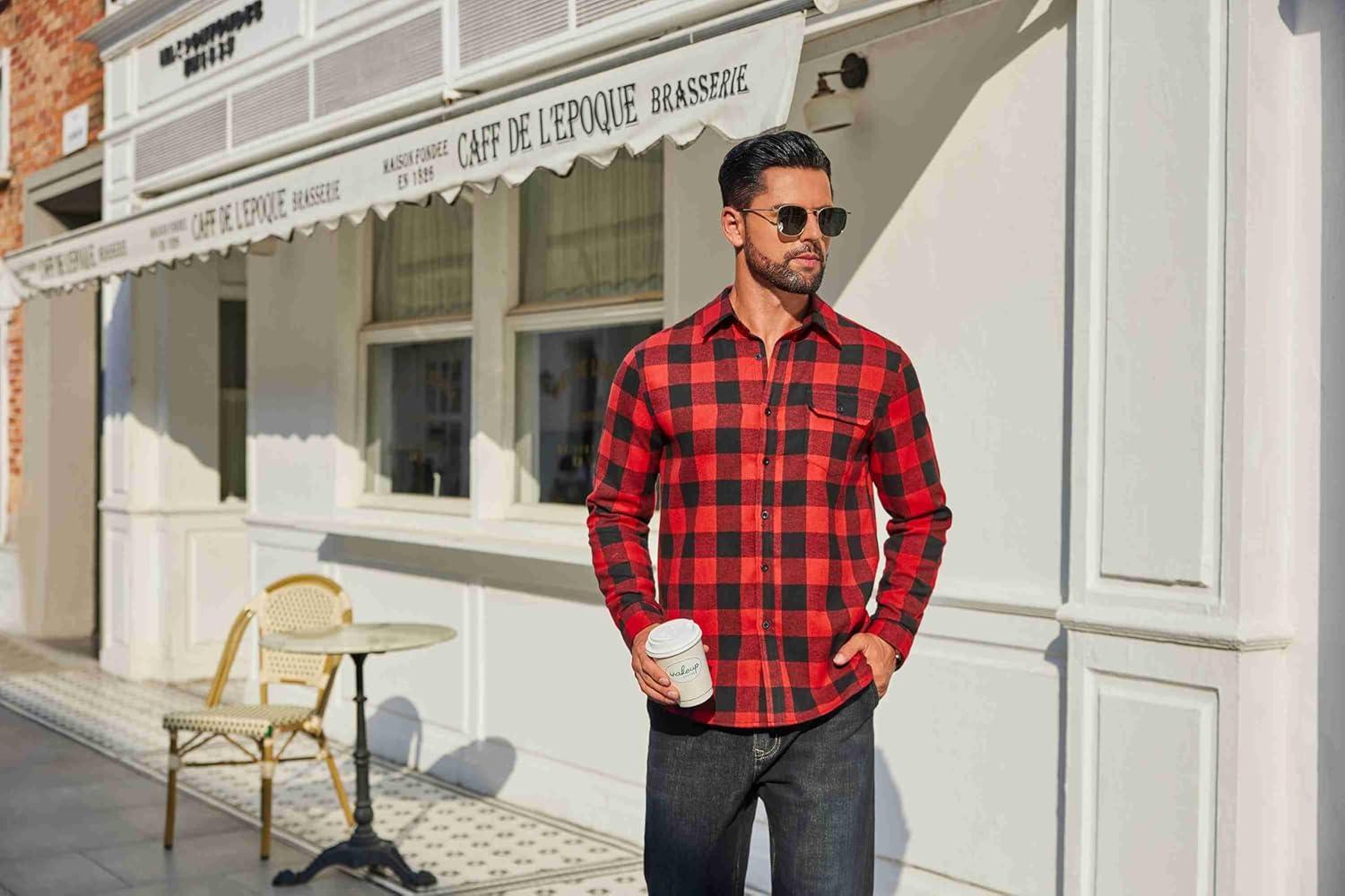 imageCOOFANDY Mens Flannel Plaid Shirts Long Sleeve Casual Button Down Cotton Shirt with PocketRed Black Plaid