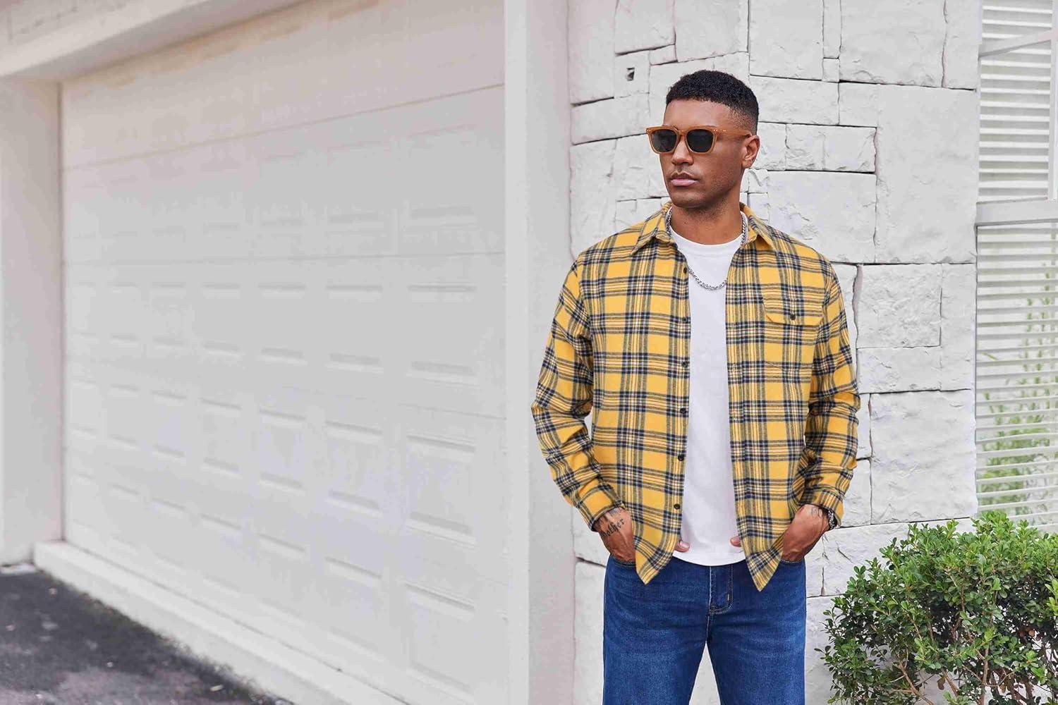 imageCOOFANDY Mens Flannel Plaid Shirts Long Sleeve Casual Button Down Cotton Shirt with PocketYellow Navy Plaid