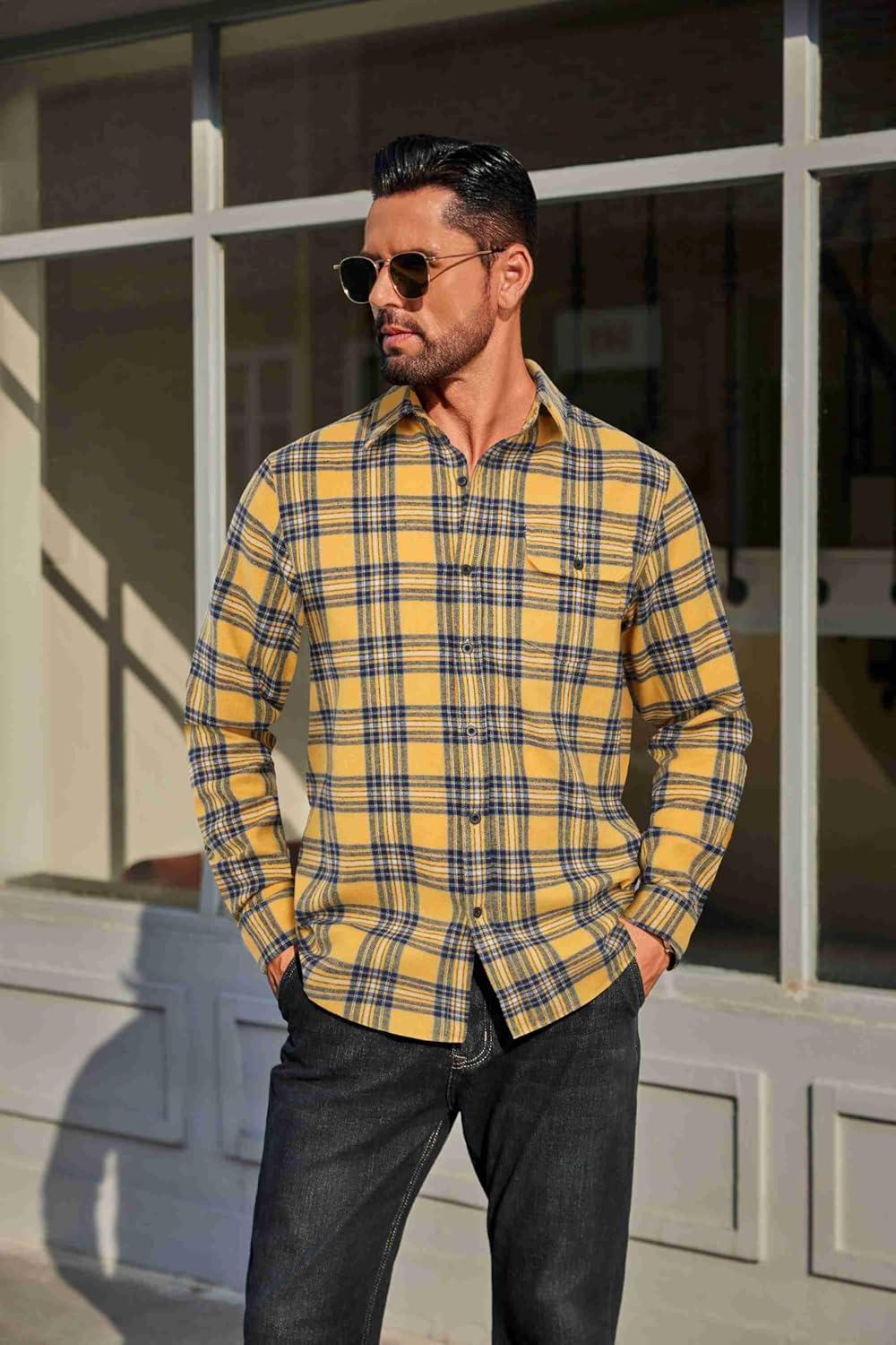 imageCOOFANDY Mens Flannel Plaid Shirts Long Sleeve Casual Button Down Cotton Shirt with PocketYellow Navy Plaid