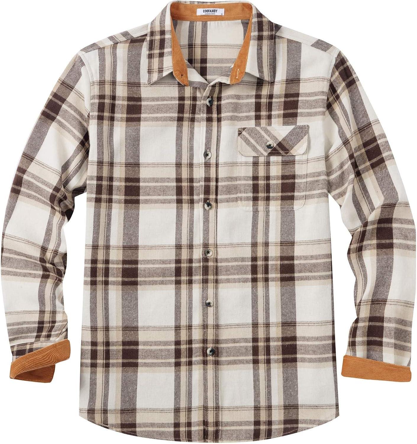 imageCOOFANDY Mens Flannel Shirts Long Sleeve Button Down Shirt Casual Shirts Work Shirts for MenBeige Brown