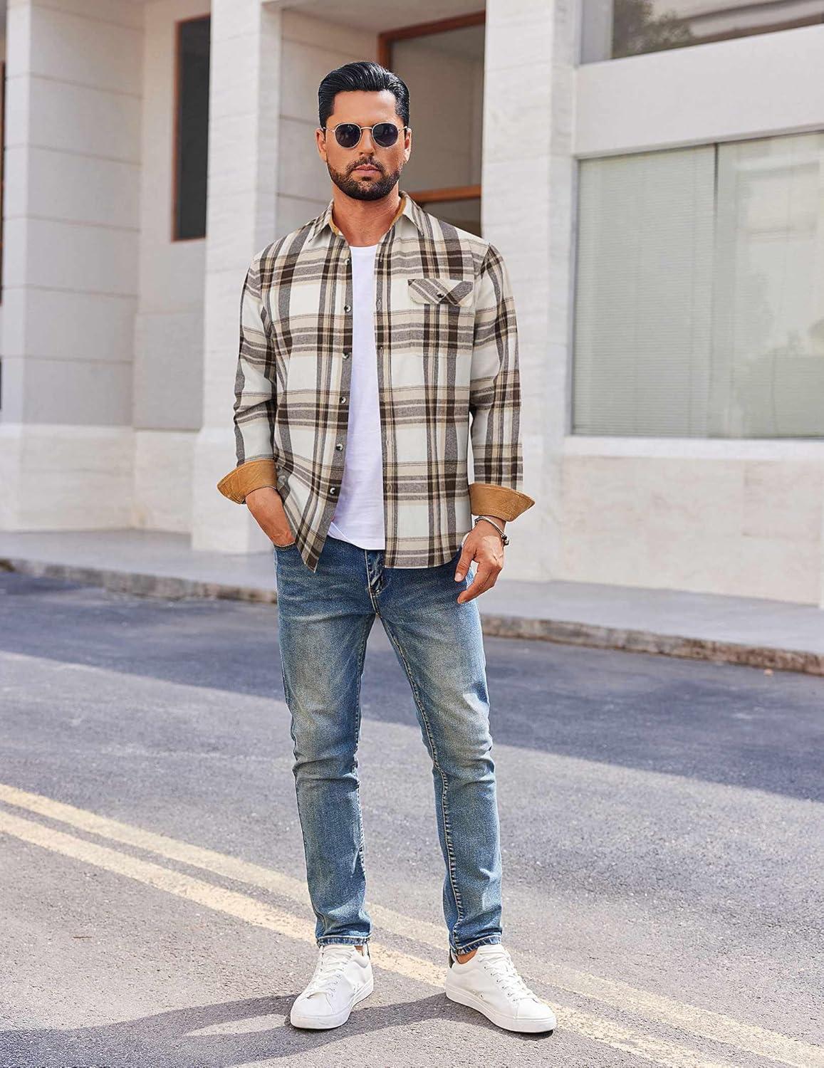 imageCOOFANDY Mens Flannel Shirts Long Sleeve Button Down Shirt Casual Shirts Work Shirts for MenBeige Brown