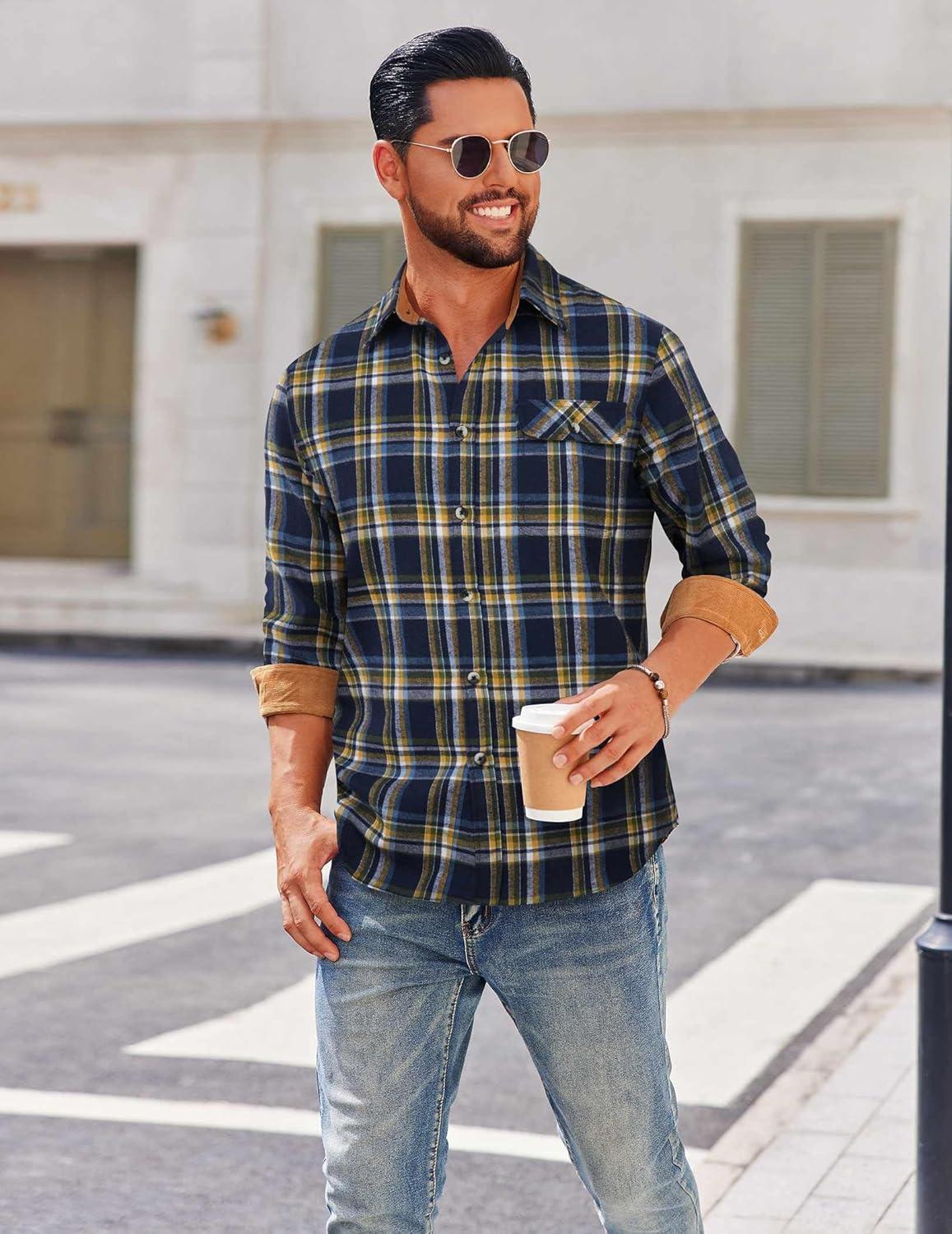 imageCOOFANDY Mens Flannel Shirts Long Sleeve Button Down Shirt Casual Shirts Work Shirts for MenDark Blue