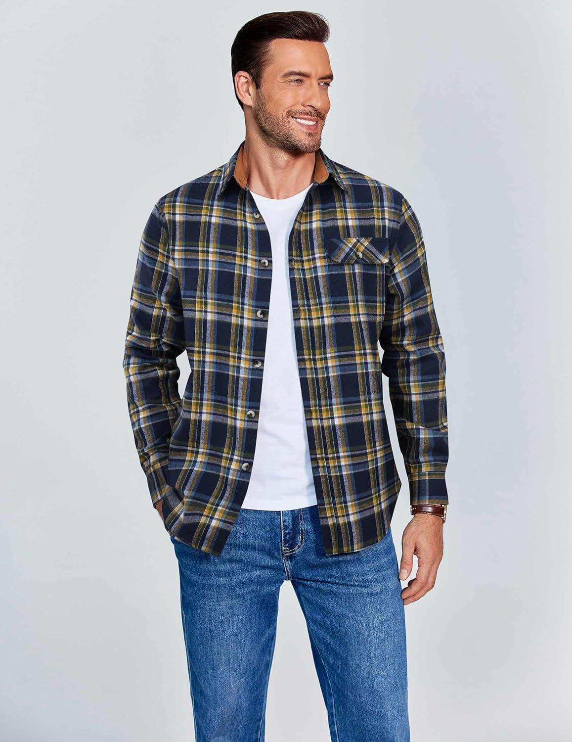 imageCOOFANDY Mens Flannel Shirts Long Sleeve Button Down Shirt Casual Shirts Work Shirts for MenDark Blue