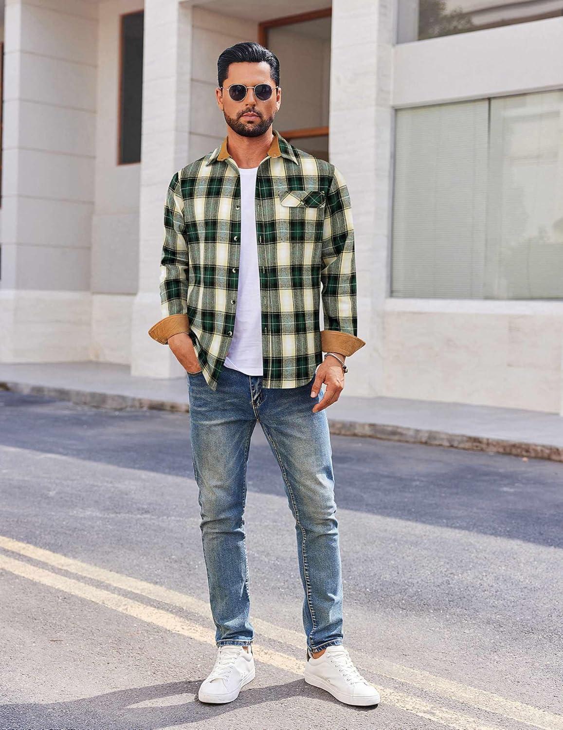 imageCOOFANDY Mens Flannel Shirts Long Sleeve Button Down Shirt Casual Shirts Work Shirts for MenGreen