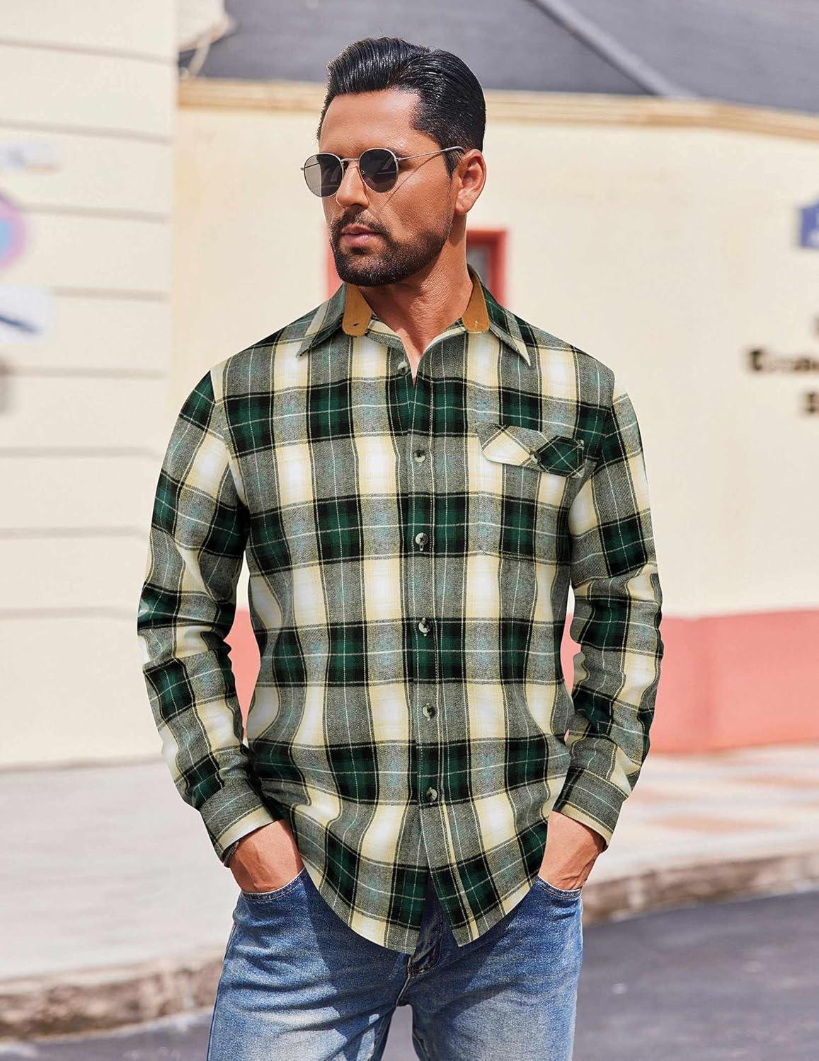 imageCOOFANDY Mens Flannel Shirts Long Sleeve Button Down Shirt Casual Shirts Work Shirts for MenGreen