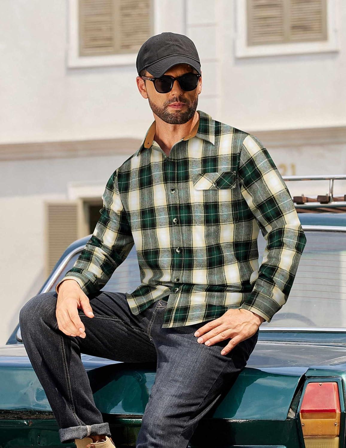 imageCOOFANDY Mens Flannel Shirts Long Sleeve Button Down Shirt Casual Shirts Work Shirts for MenGreen