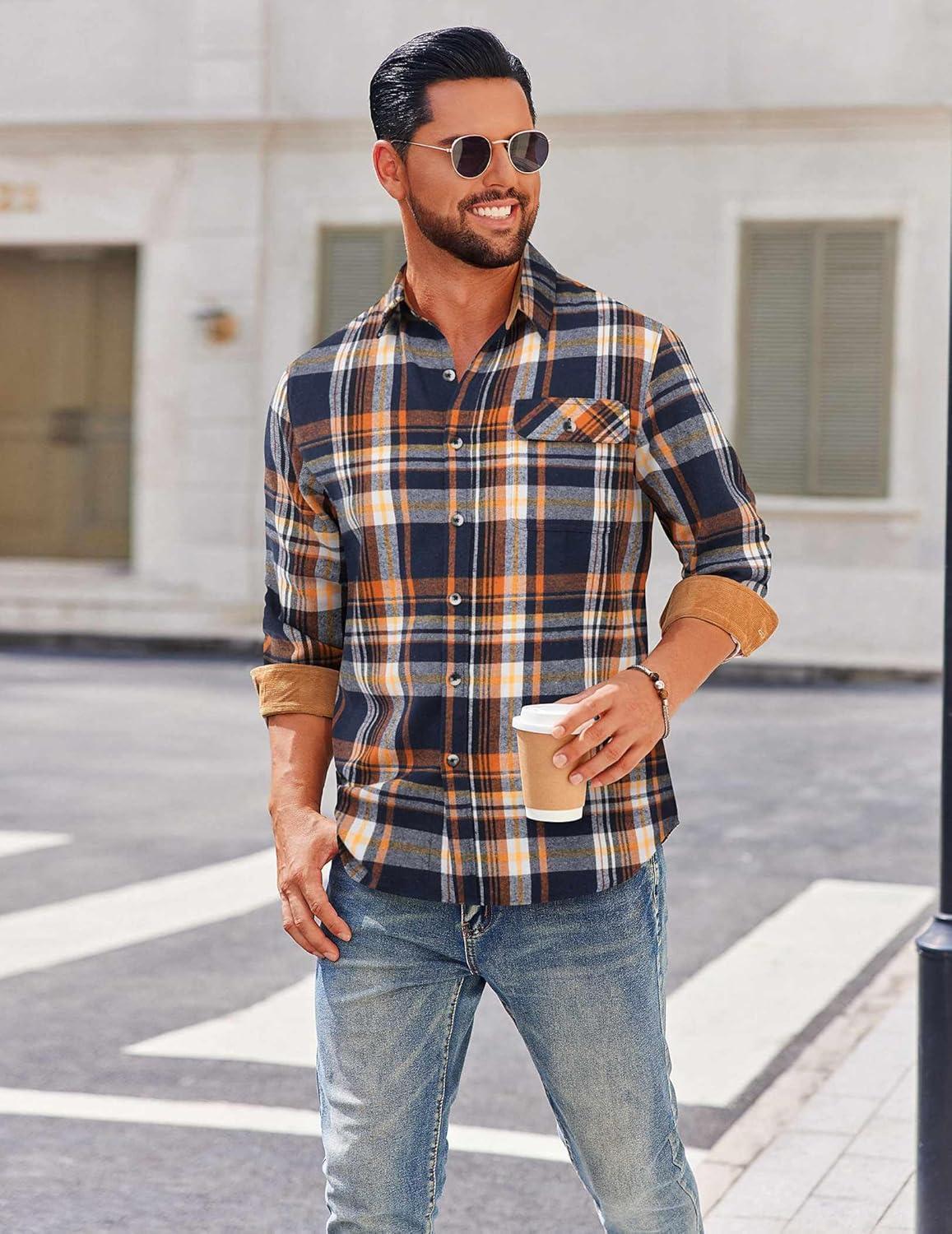 imageCOOFANDY Mens Flannel Shirts Long Sleeve Button Down Shirt Casual Shirts Work Shirts for MenHomestead Plaid