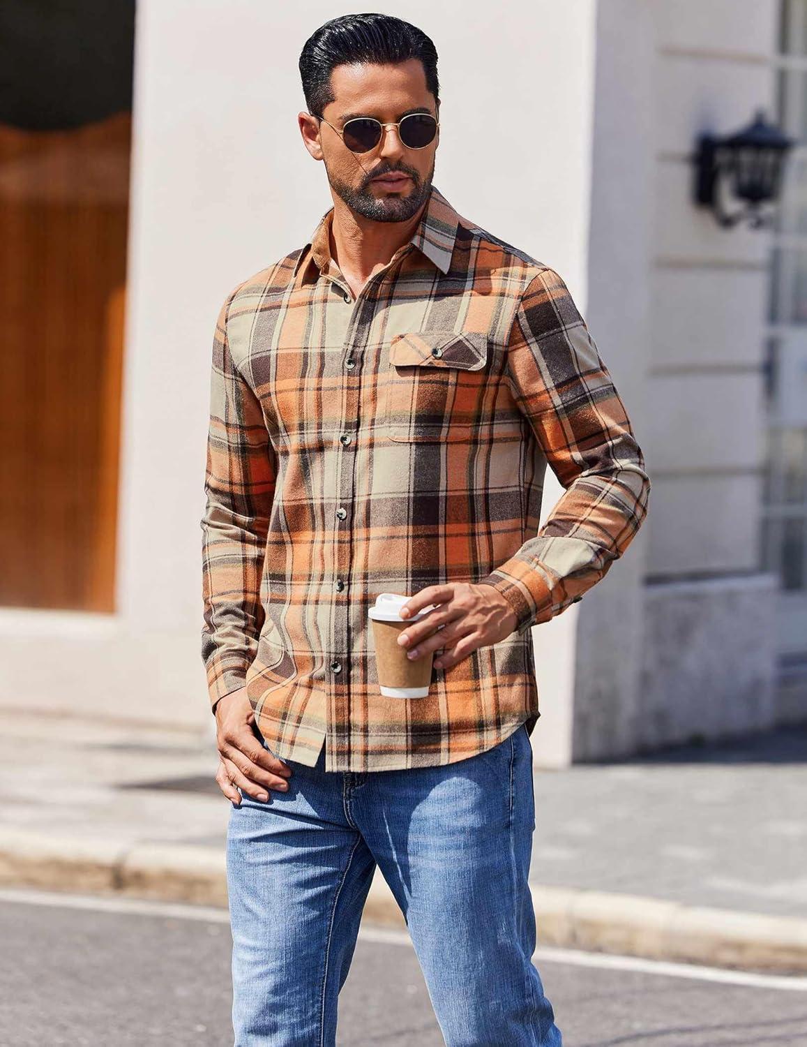 imageCOOFANDY Mens Flannel Shirts Long Sleeve Button Down Shirt Casual Shirts Work Shirts for MenKhaki