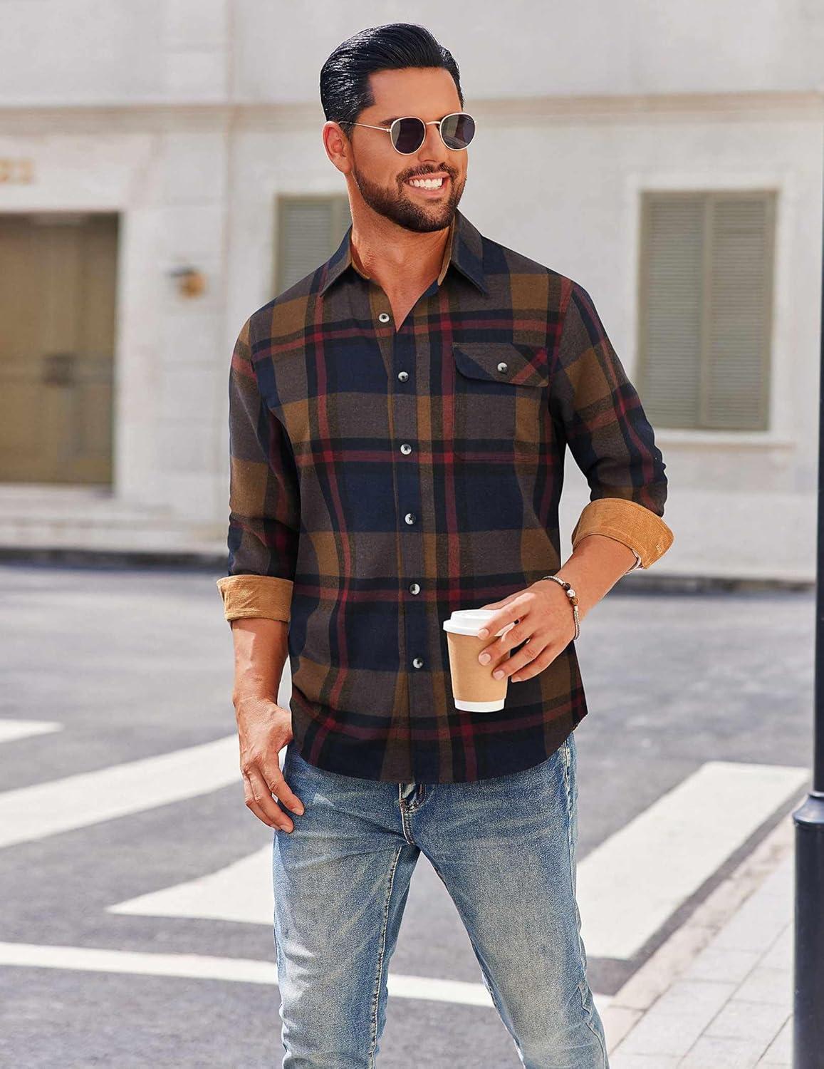 imageCOOFANDY Mens Flannel Shirts Long Sleeve Button Down Shirt Casual Shirts Work Shirts for MenNavy and Brown