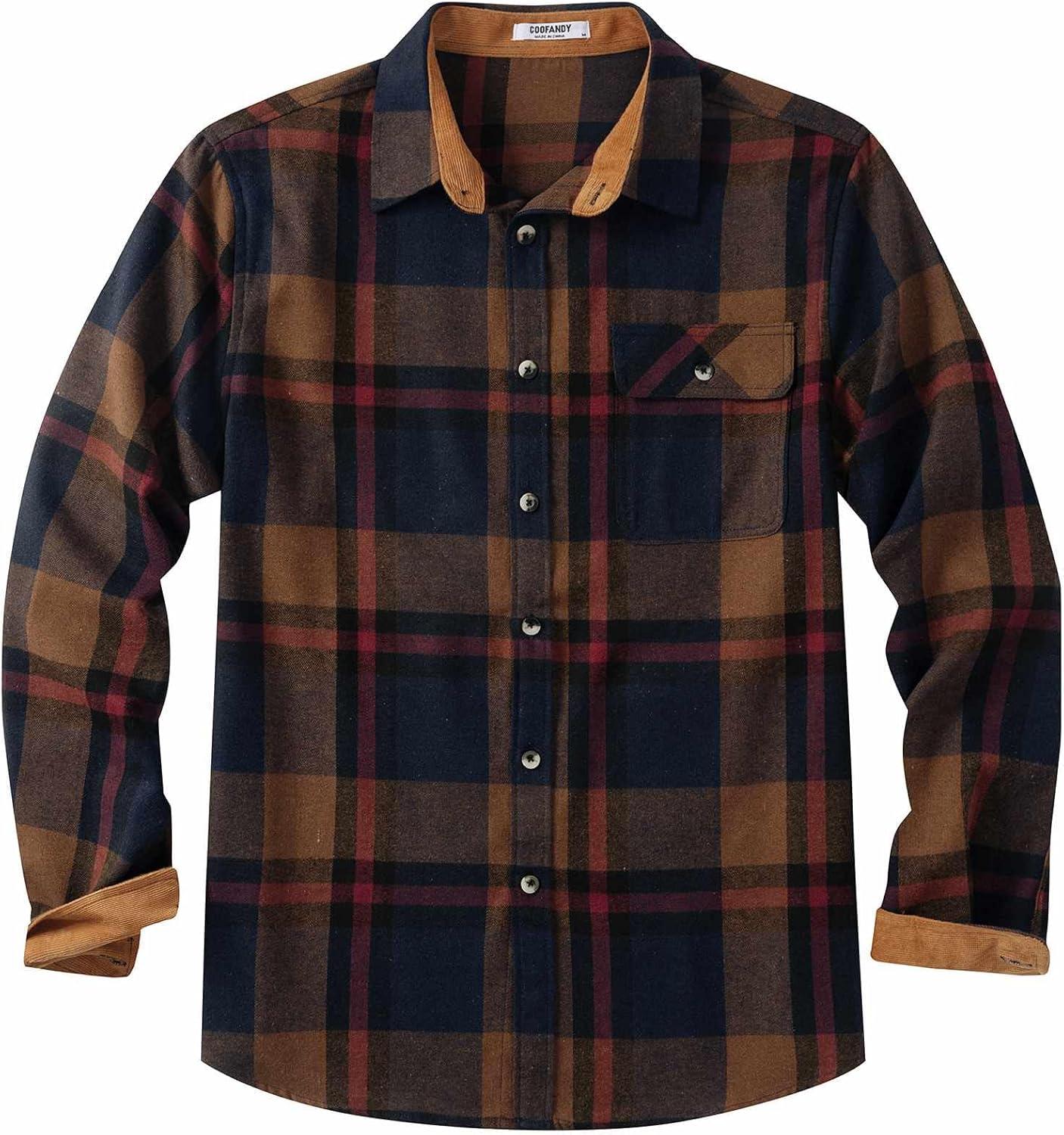 imageCOOFANDY Mens Flannel Shirts Long Sleeve Button Down Shirt Casual Shirts Work Shirts for MenNavy and Brown