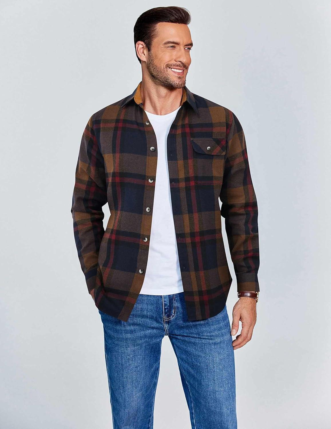 imageCOOFANDY Mens Flannel Shirts Long Sleeve Button Down Shirt Casual Shirts Work Shirts for MenNavy and Brown