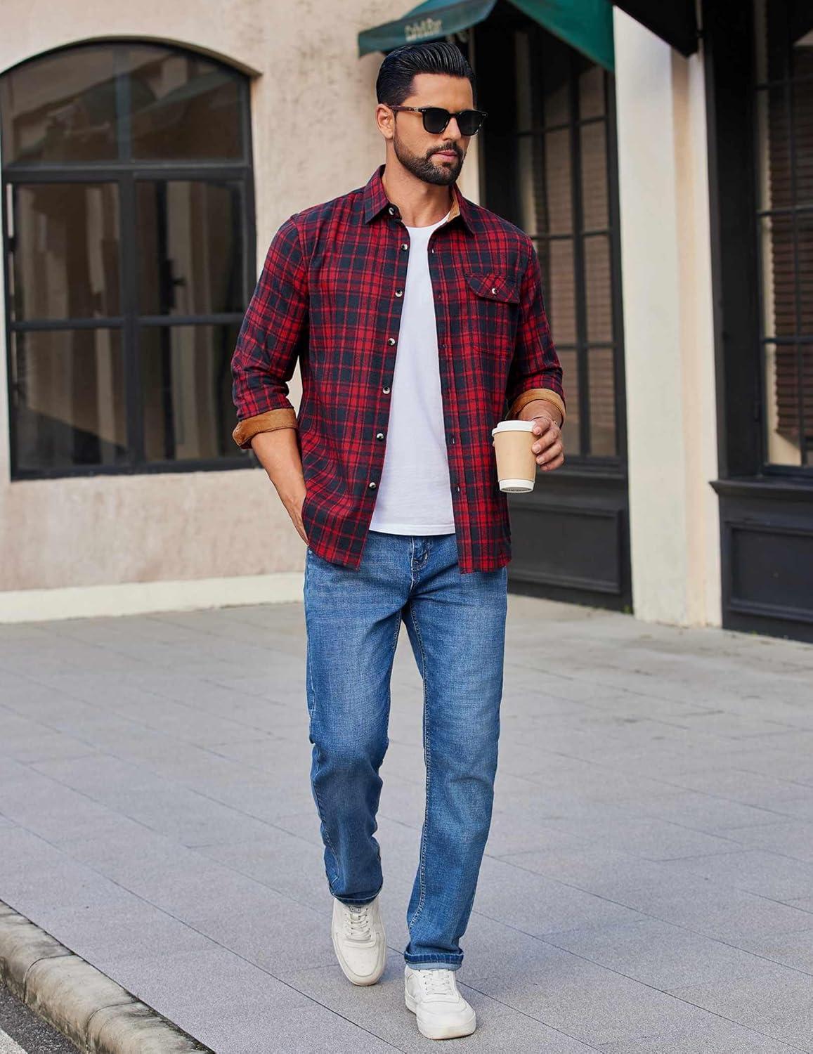 imageCOOFANDY Mens Flannel Shirts Long Sleeve Button Down Shirt Casual Shirts Work Shirts for MenRed