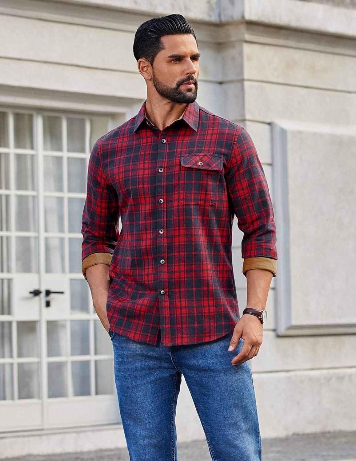 imageCOOFANDY Mens Flannel Shirts Long Sleeve Button Down Shirt Casual Shirts Work Shirts for MenRed