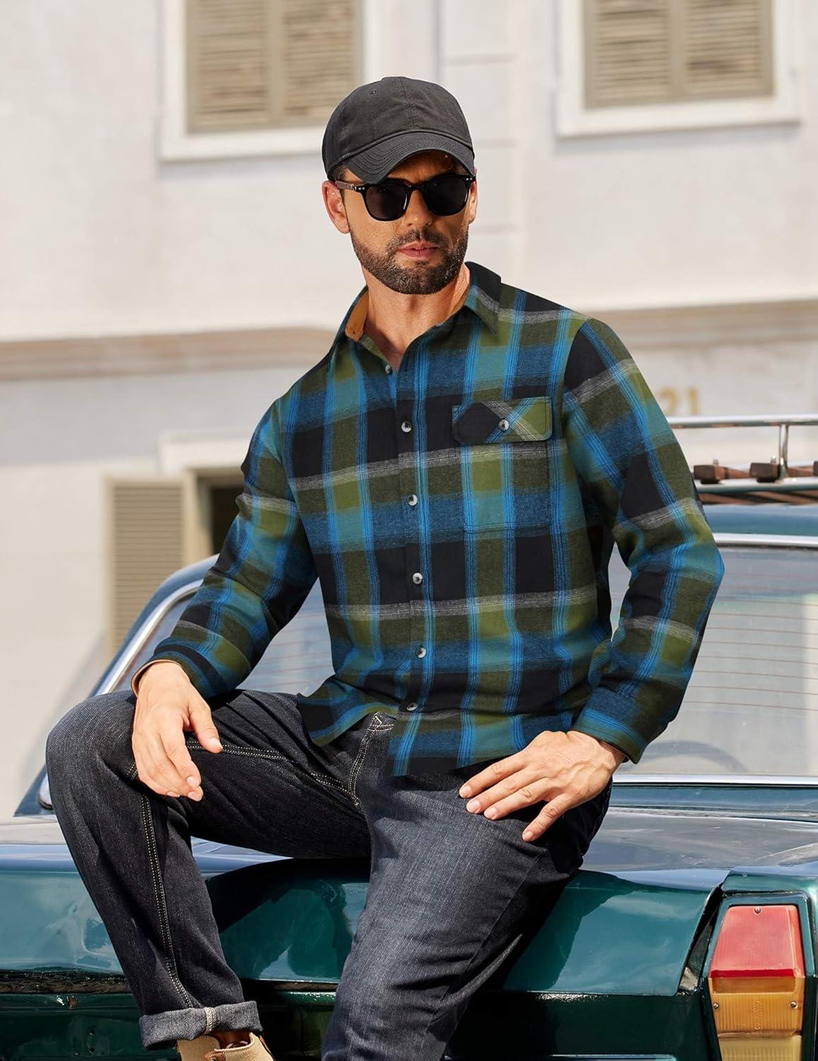 imageCOOFANDY Mens Flannel Shirts Long Sleeve Button Down Shirt Casual Shirts Work Shirts for MenRoyal Blue Black