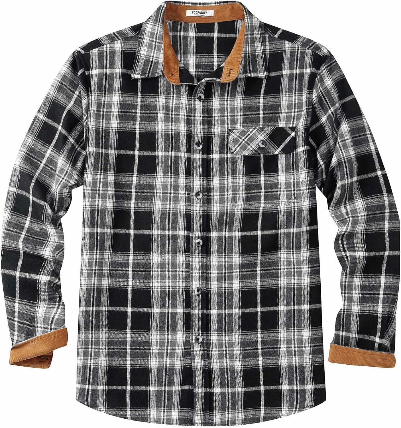 imageCOOFANDY Mens Flannel Shirts Long Sleeve Button Down Shirt Casual Shirts Work Shirts for MenWhiteBlack Plaid