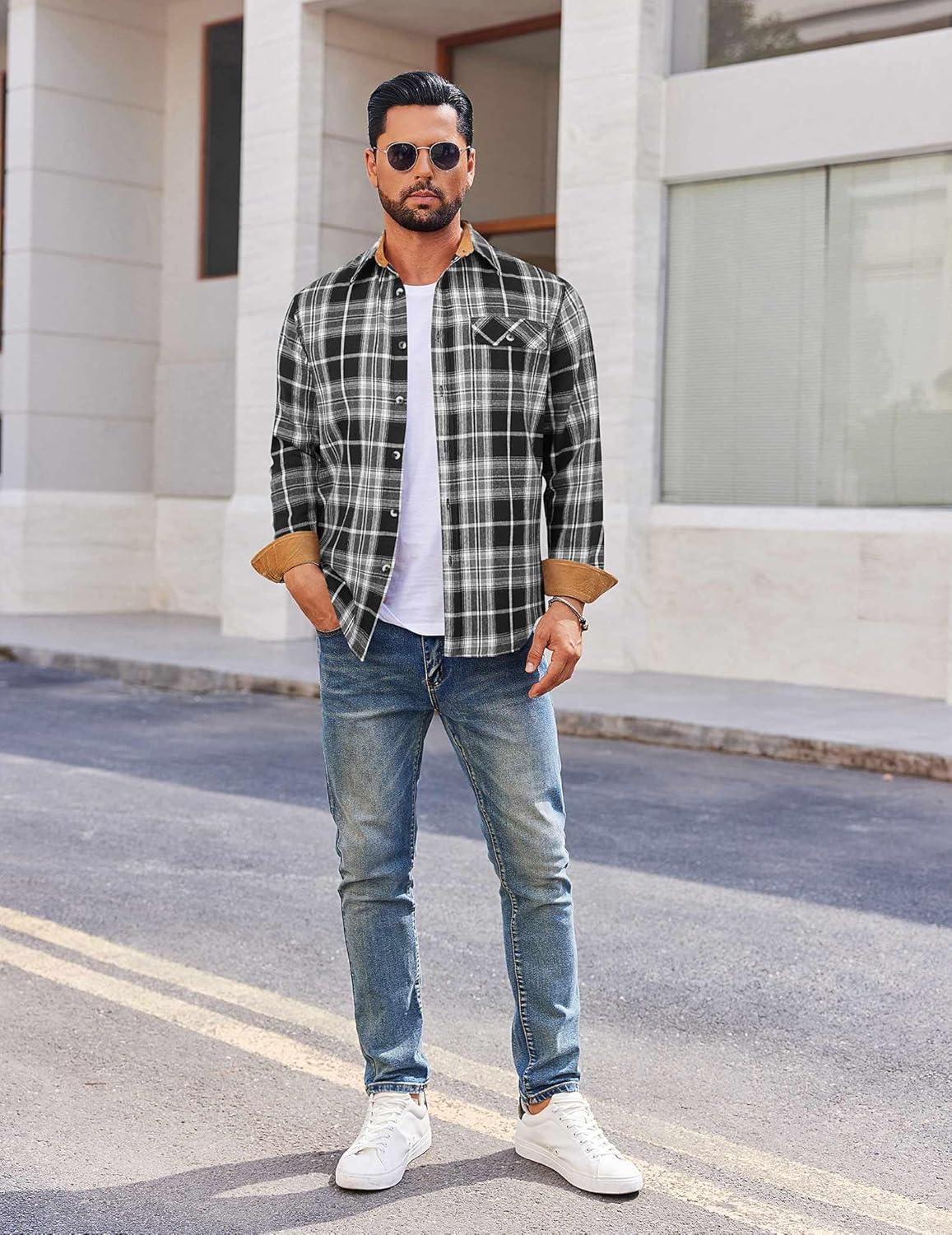 imageCOOFANDY Mens Flannel Shirts Long Sleeve Button Down Shirt Casual Shirts Work Shirts for MenWhiteBlack Plaid
