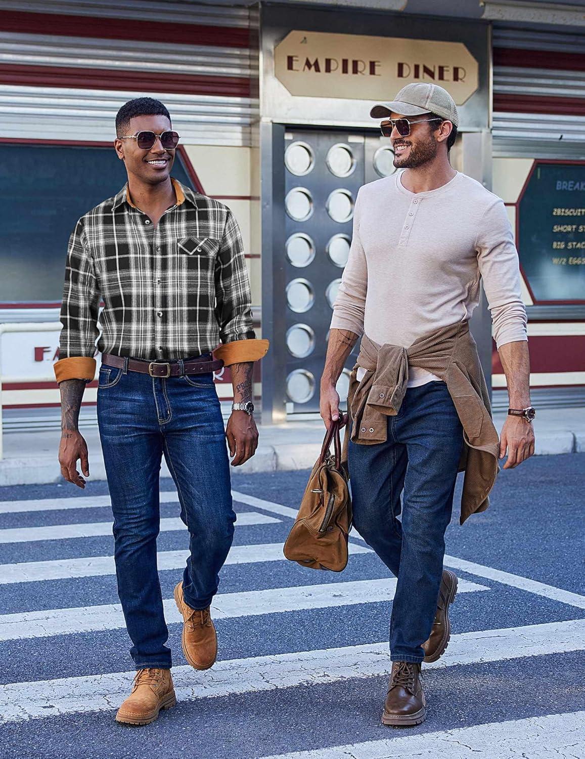 imageCOOFANDY Mens Flannel Shirts Long Sleeve Button Down Shirt Casual Shirts Work Shirts for MenWhiteBlack Plaid