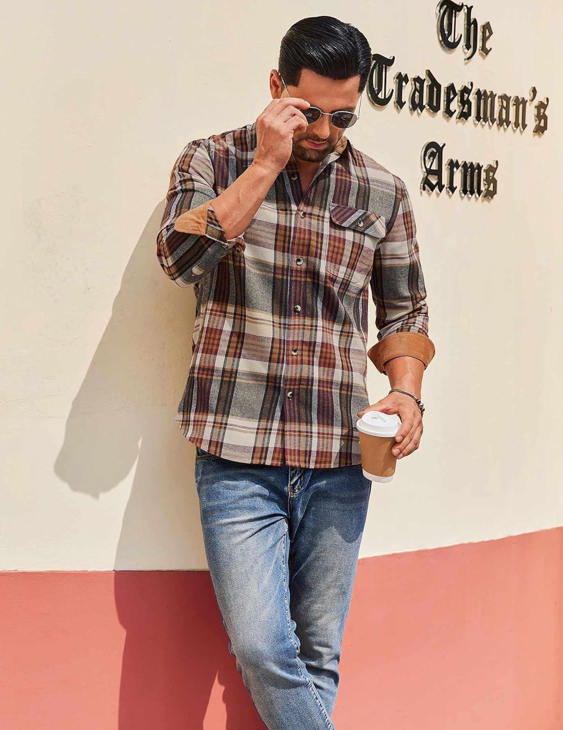 imageCOOFANDY Mens Flannel Shirts Long Sleeve Button Down Shirt Casual Shirts Work Shirts for MenWine Red