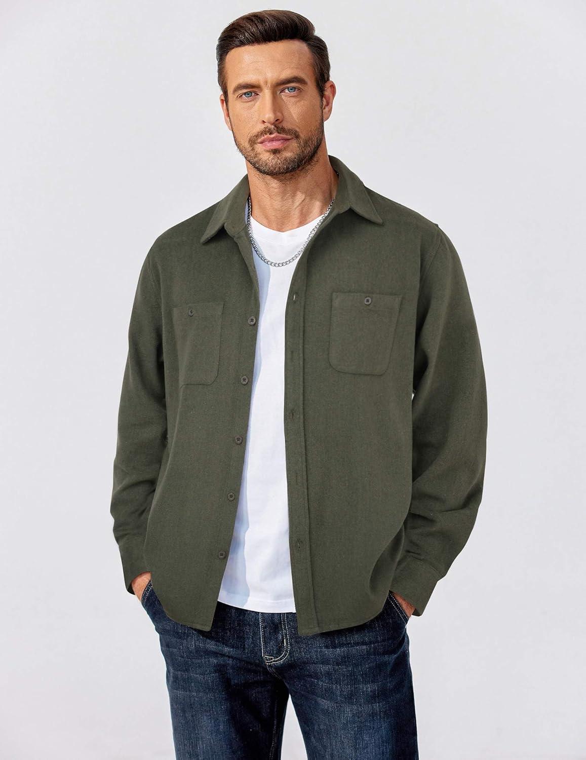 imageCOOFANDY Mens Flannel Shirts Long Sleeve Casual Cotton Plaid Button Down Shirt Jacket with PocketsArmy Green