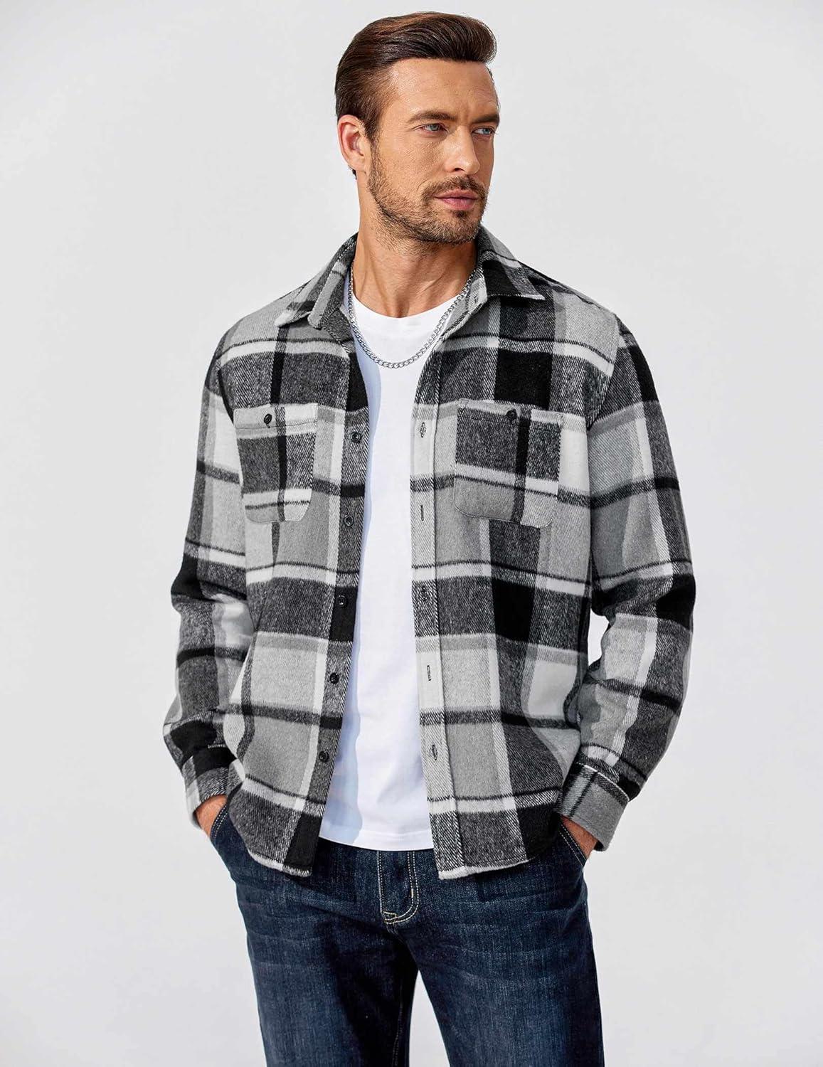 imageCOOFANDY Mens Flannel Shirts Long Sleeve Casual Cotton Plaid Button Down Shirt Jacket with PocketsBlack