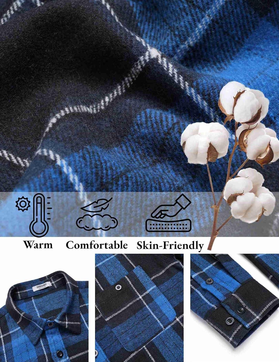 imageCOOFANDY Mens Flannel Shirts Long Sleeve Casual Cotton Plaid Button Down Shirt Jacket with PocketsBlackblue Plaid