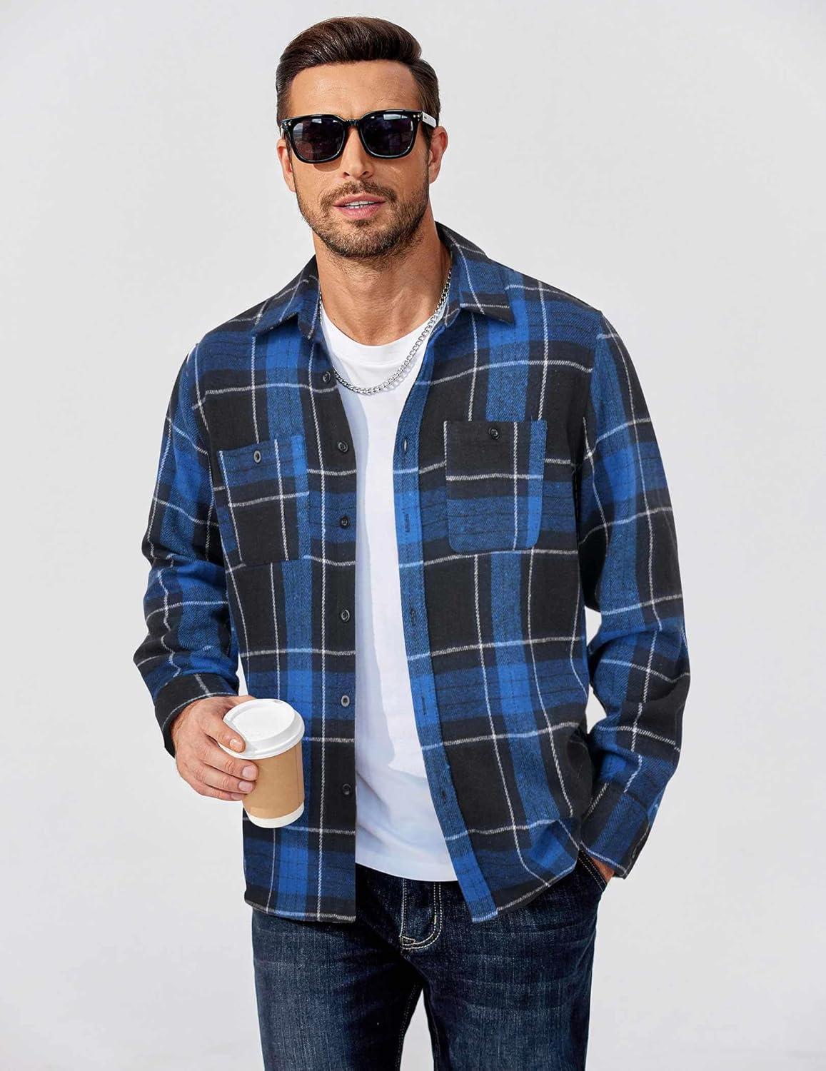 imageCOOFANDY Mens Flannel Shirts Long Sleeve Casual Cotton Plaid Button Down Shirt Jacket with PocketsBlackblue Plaid