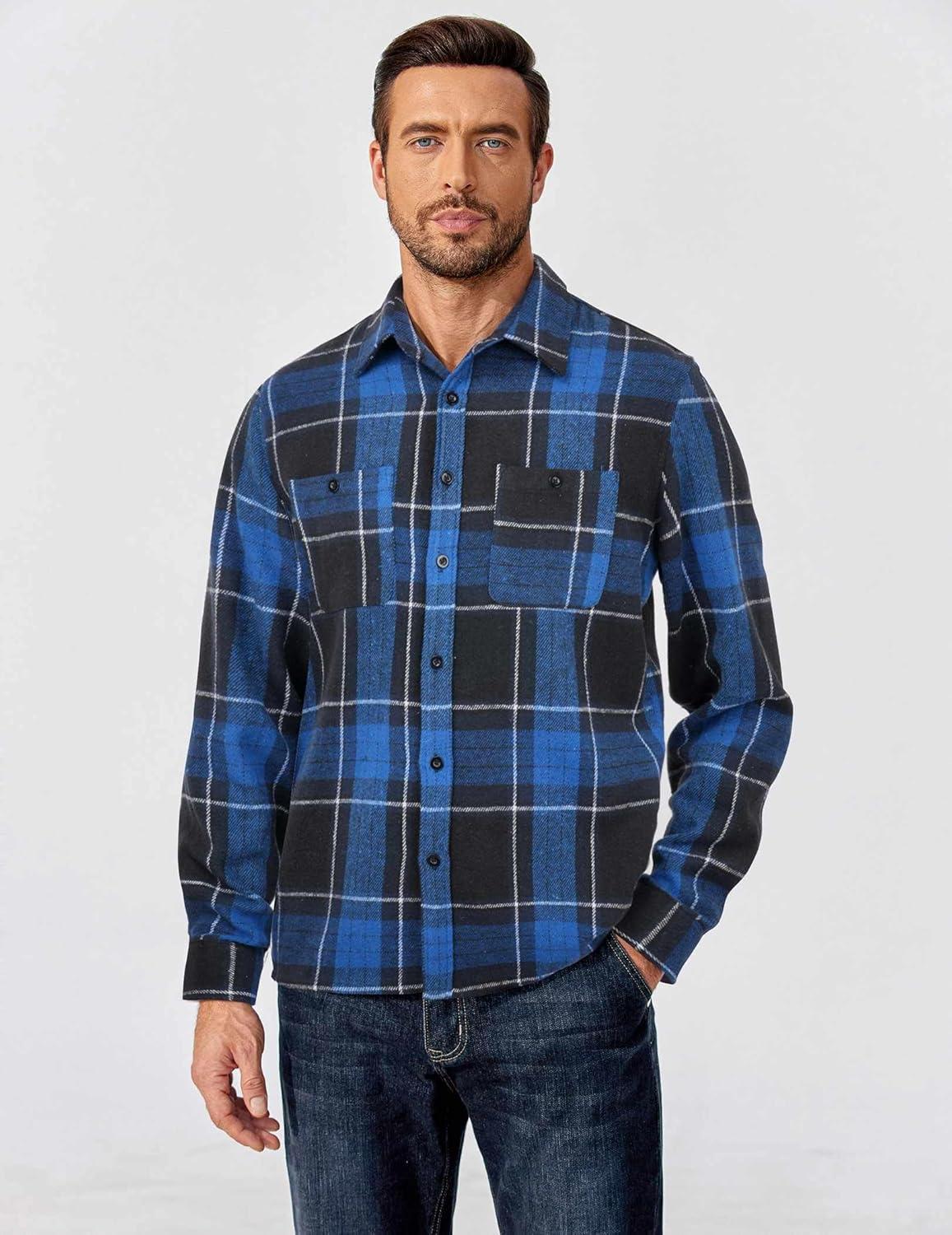 imageCOOFANDY Mens Flannel Shirts Long Sleeve Casual Cotton Plaid Button Down Shirt Jacket with PocketsBlackblue Plaid