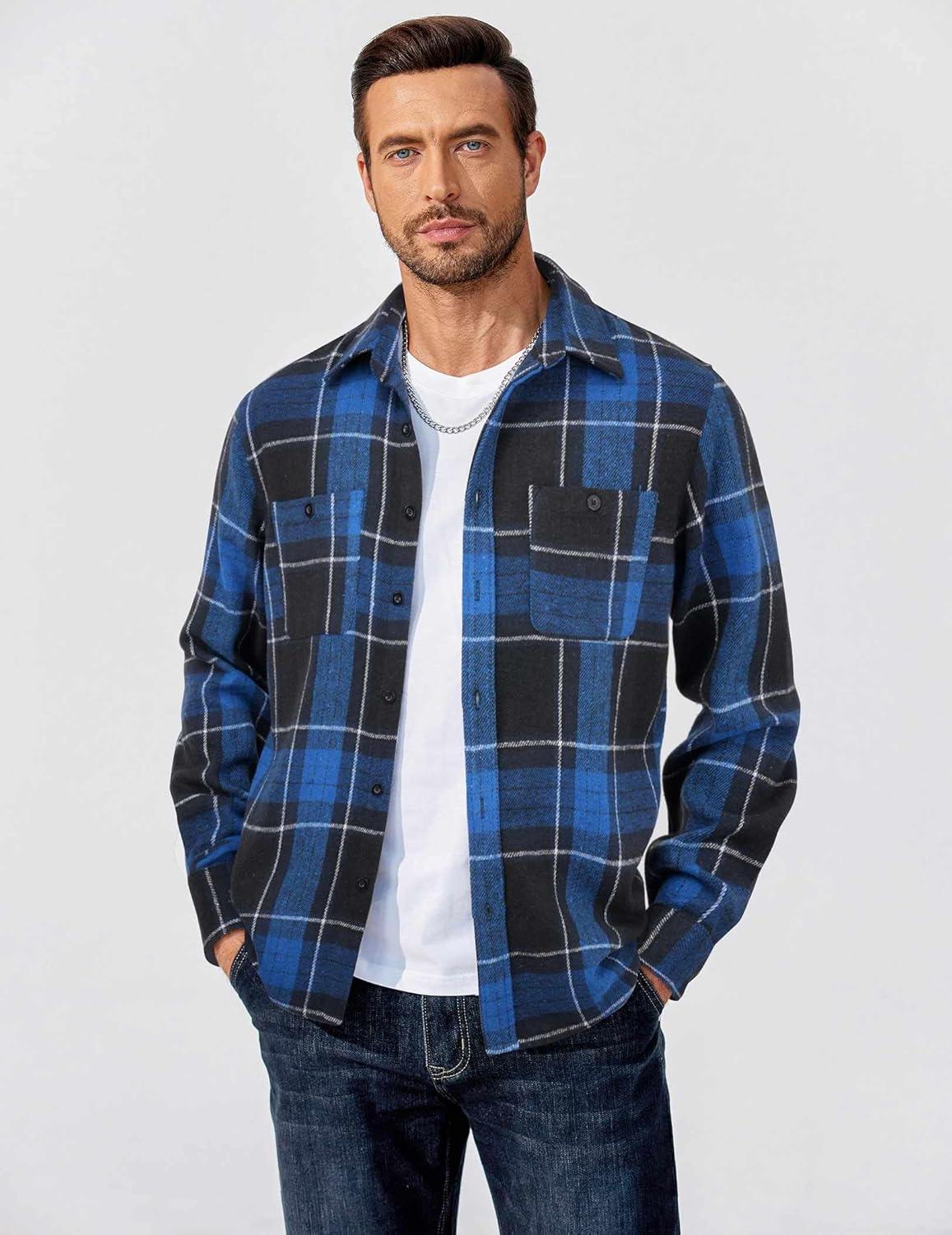imageCOOFANDY Mens Flannel Shirts Long Sleeve Casual Cotton Plaid Button Down Shirt Jacket with PocketsBlackblue Plaid