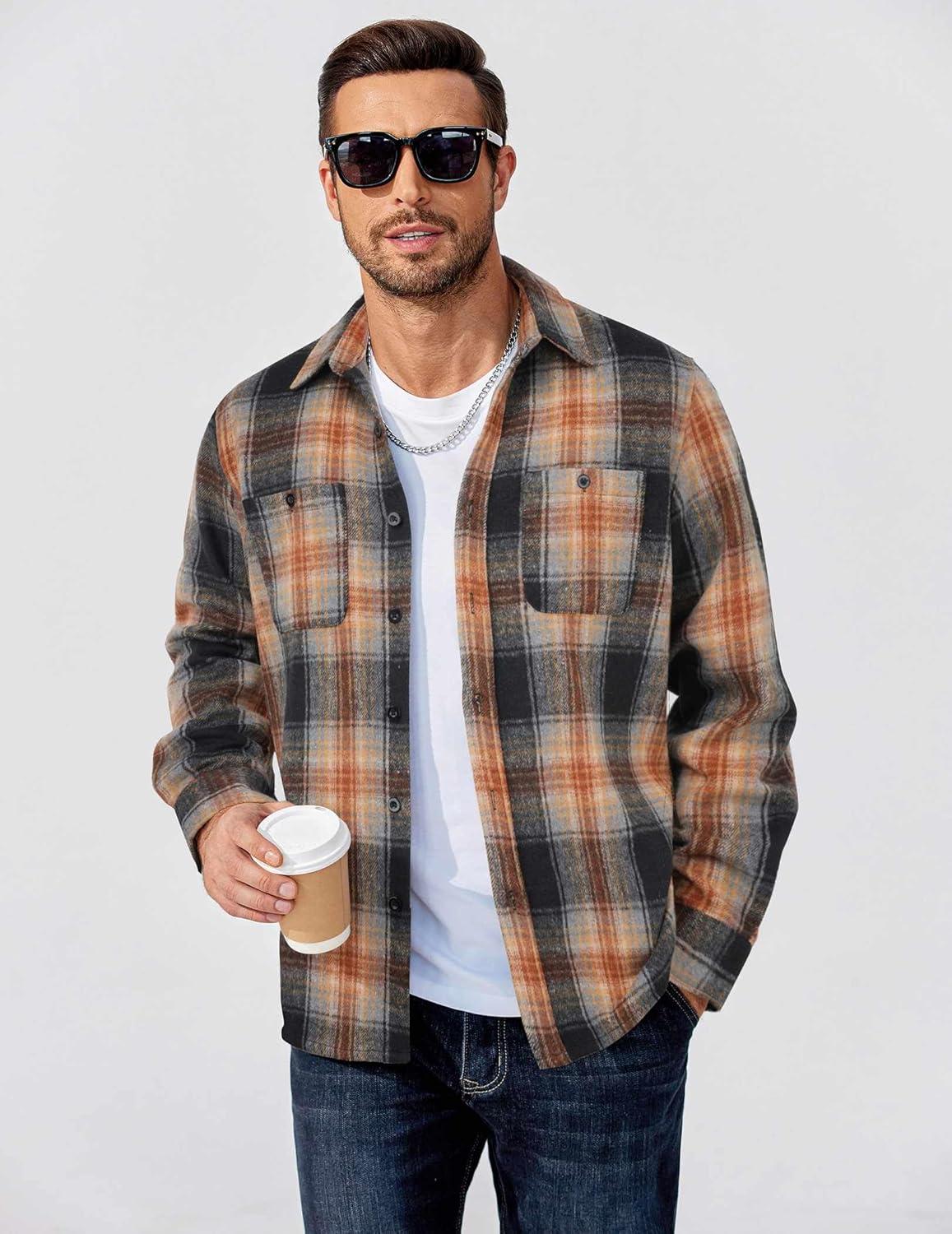 imageCOOFANDY Mens Flannel Shirts Long Sleeve Casual Cotton Plaid Button Down Shirt Jacket with PocketsBlackorange Plaid