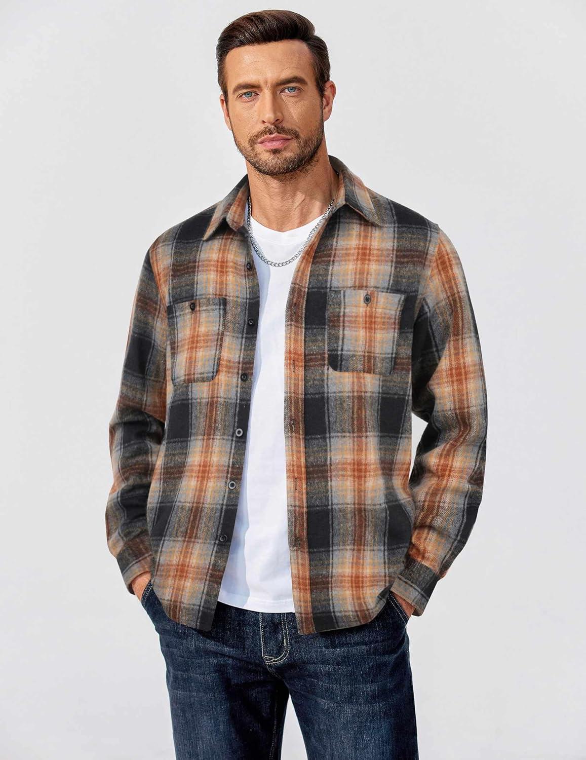imageCOOFANDY Mens Flannel Shirts Long Sleeve Casual Cotton Plaid Button Down Shirt Jacket with PocketsBlackorange Plaid