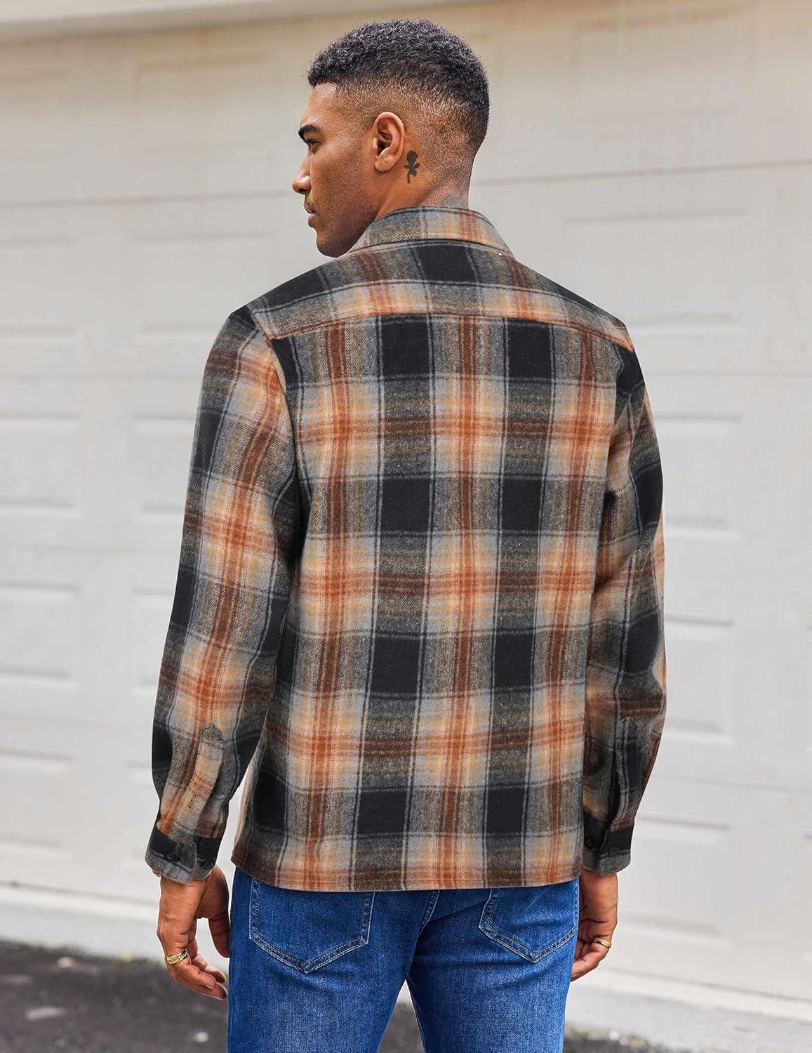 imageCOOFANDY Mens Flannel Shirts Long Sleeve Casual Cotton Plaid Button Down Shirt Jacket with PocketsBlackorange Plaid