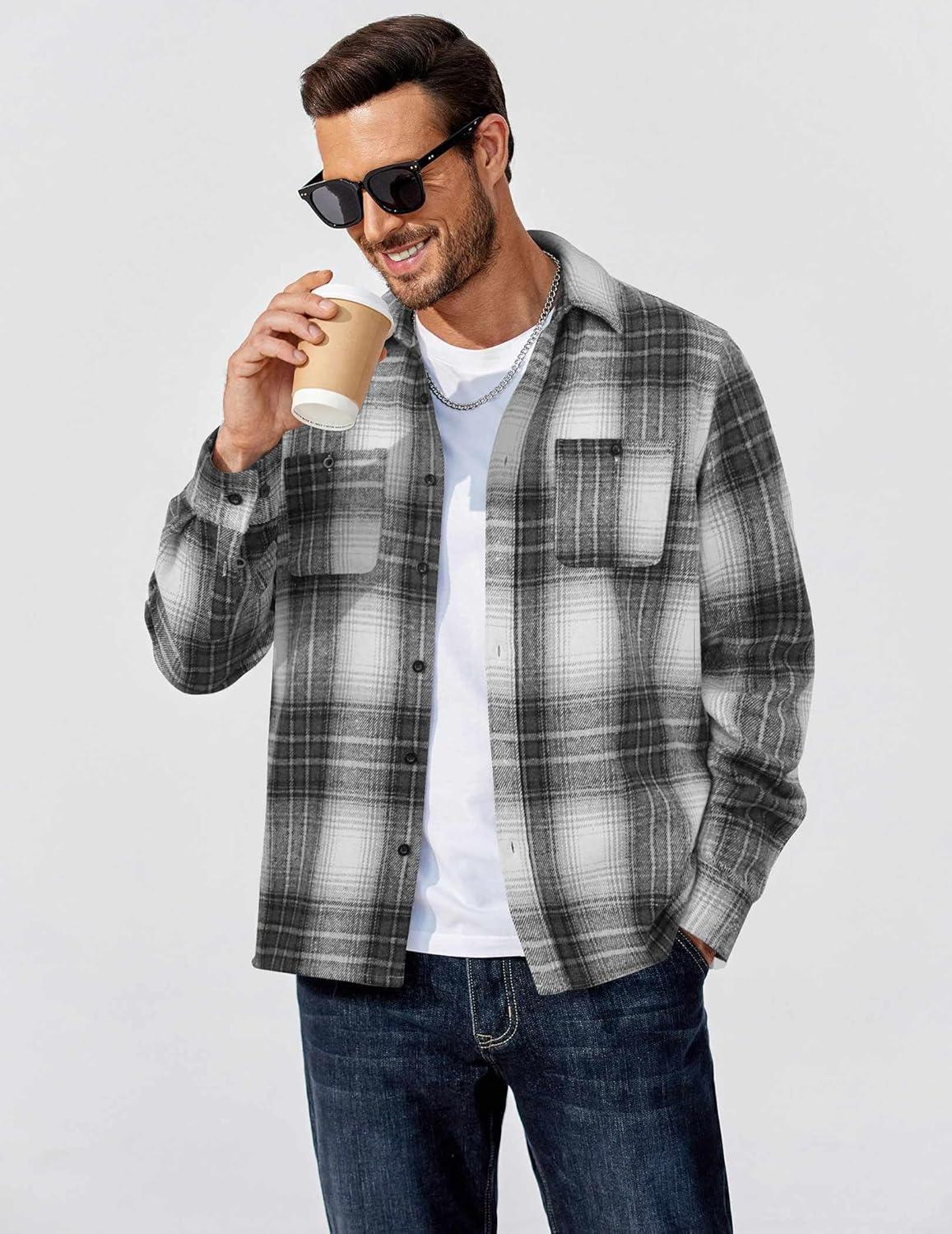 imageCOOFANDY Mens Flannel Shirts Long Sleeve Casual Cotton Plaid Button Down Shirt Jacket with PocketsGraphite Black