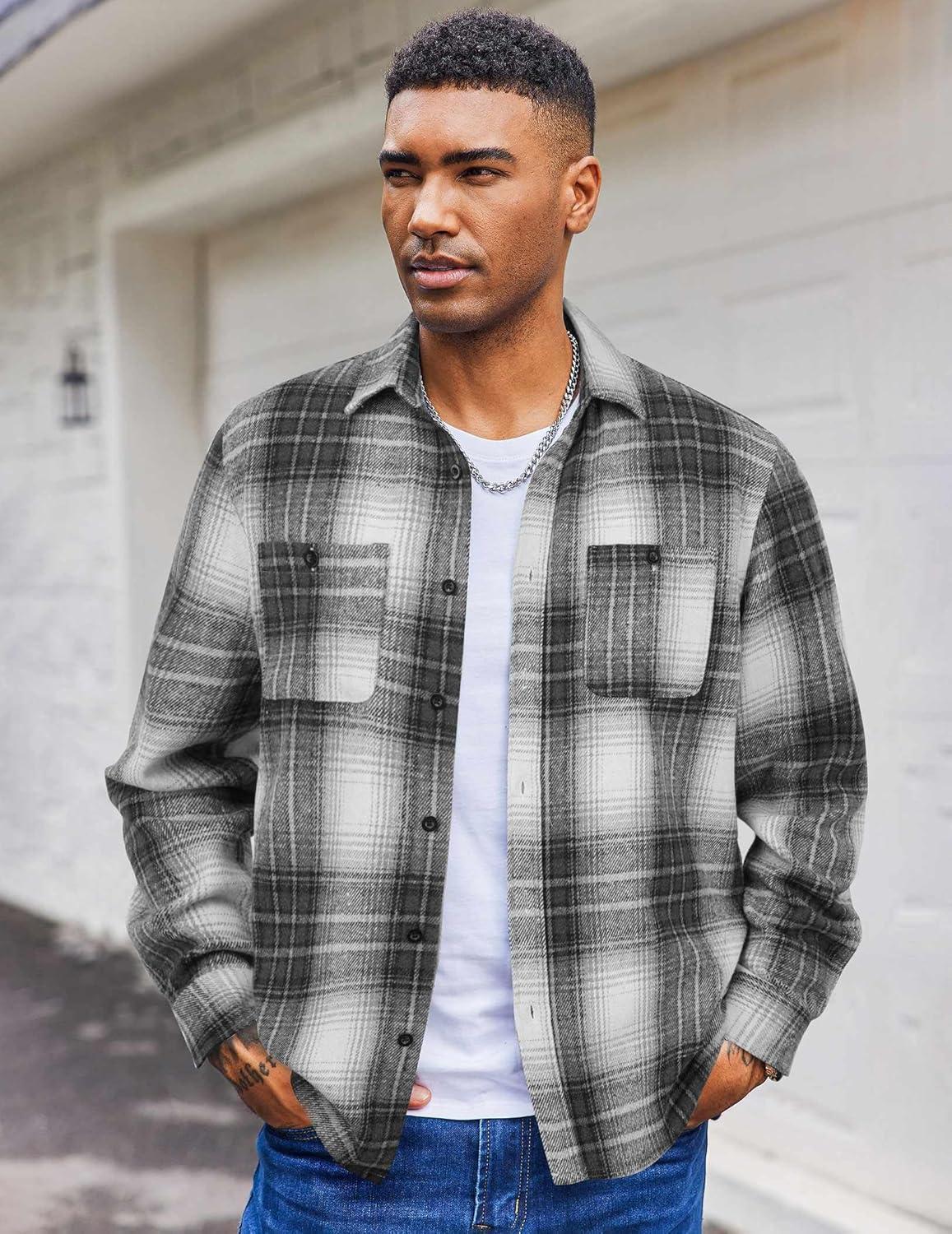 imageCOOFANDY Mens Flannel Shirts Long Sleeve Casual Cotton Plaid Button Down Shirt Jacket with PocketsGraphite Black
