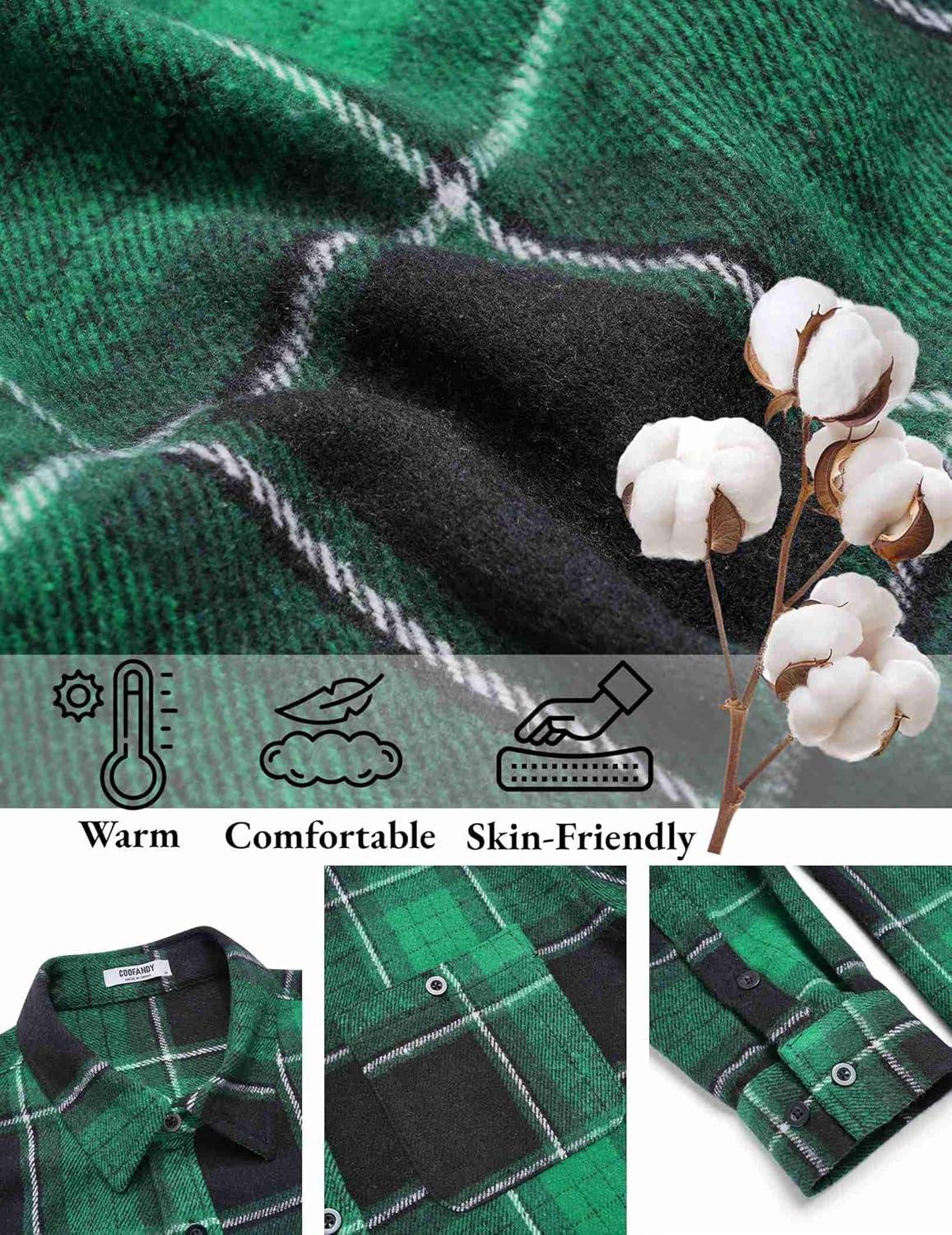 imageCOOFANDY Mens Flannel Shirts Long Sleeve Casual Cotton Plaid Button Down Shirt Jacket with PocketsGreenblack Plaid
