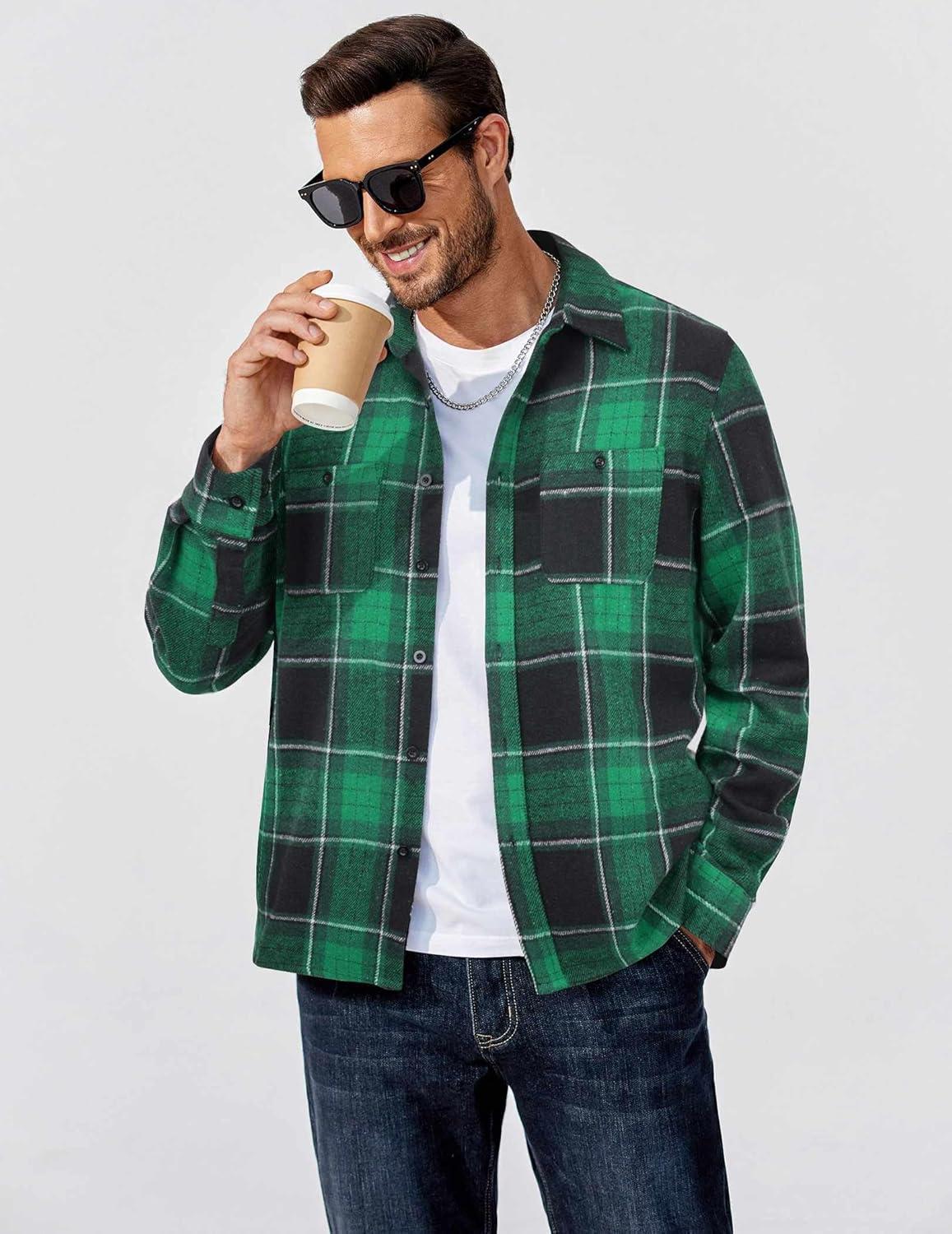 imageCOOFANDY Mens Flannel Shirts Long Sleeve Casual Cotton Plaid Button Down Shirt Jacket with PocketsGreenblack Plaid