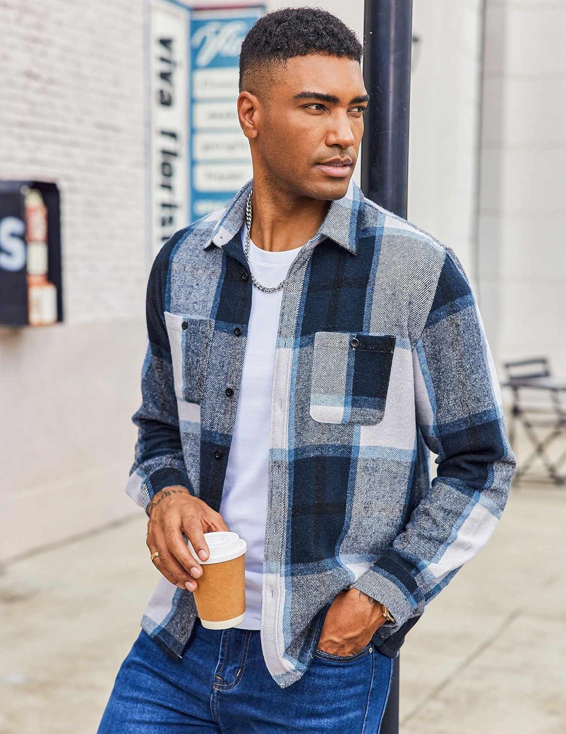imageCOOFANDY Mens Flannel Shirts Long Sleeve Casual Cotton Plaid Button Down Shirt Jacket with PocketsNavy Blue Plaid