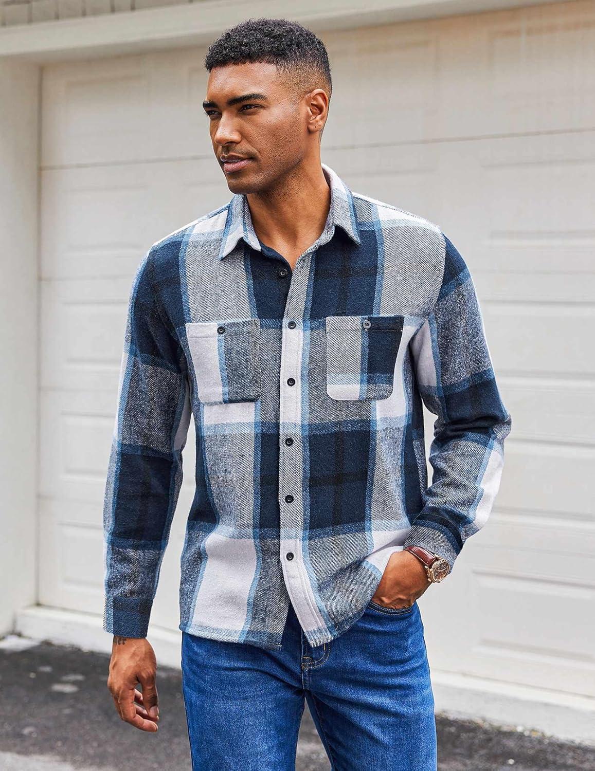 imageCOOFANDY Mens Flannel Shirts Long Sleeve Casual Cotton Plaid Button Down Shirt Jacket with PocketsNavy Blue Plaid